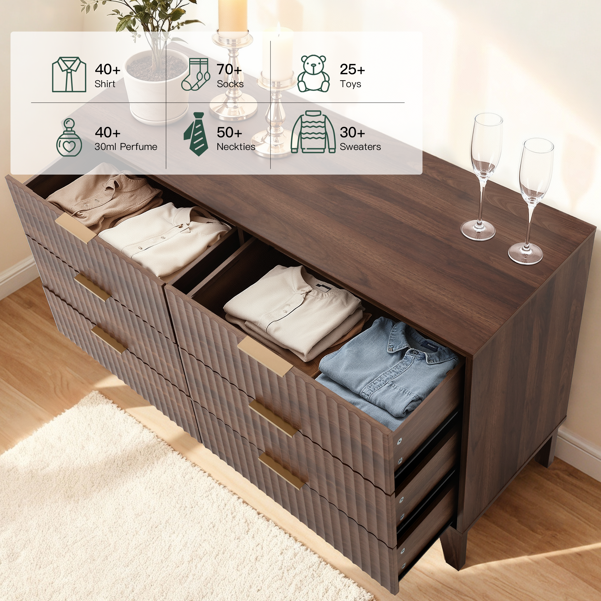 HOMREST Fluted Dresser for Bedroom, 6 Drawer Modern Dresser, Wide Modern Chest of Drawers with Metal Handle, Mid Century Modern Dresser, Walnut