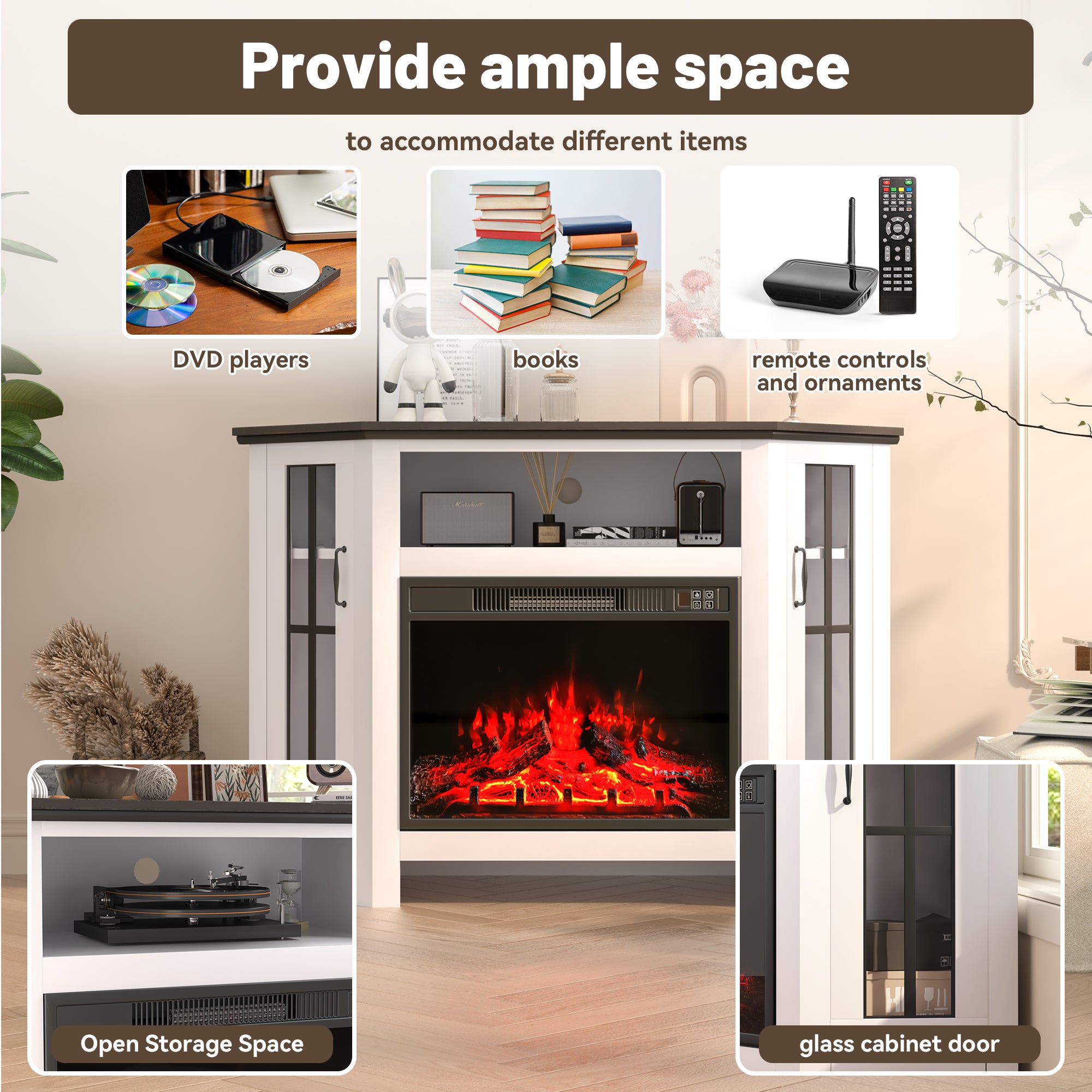 HOMREST 48" Deep Walnut Corner Fireplace Cabinet with 23" Electric Fireplace