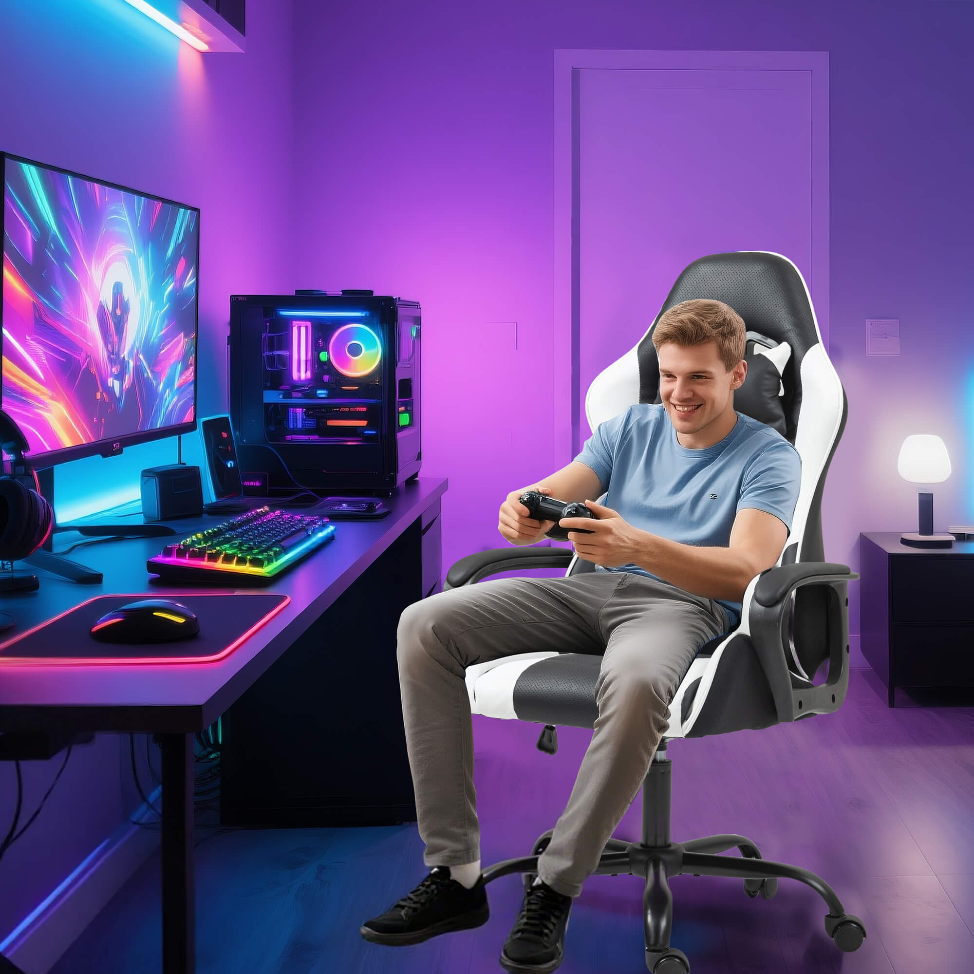 HOMREST Gaming Chair, Ergonomic Computer Gamer Chair with Massage Lumbar Support & Rocking High Back, Height Adjustable, White