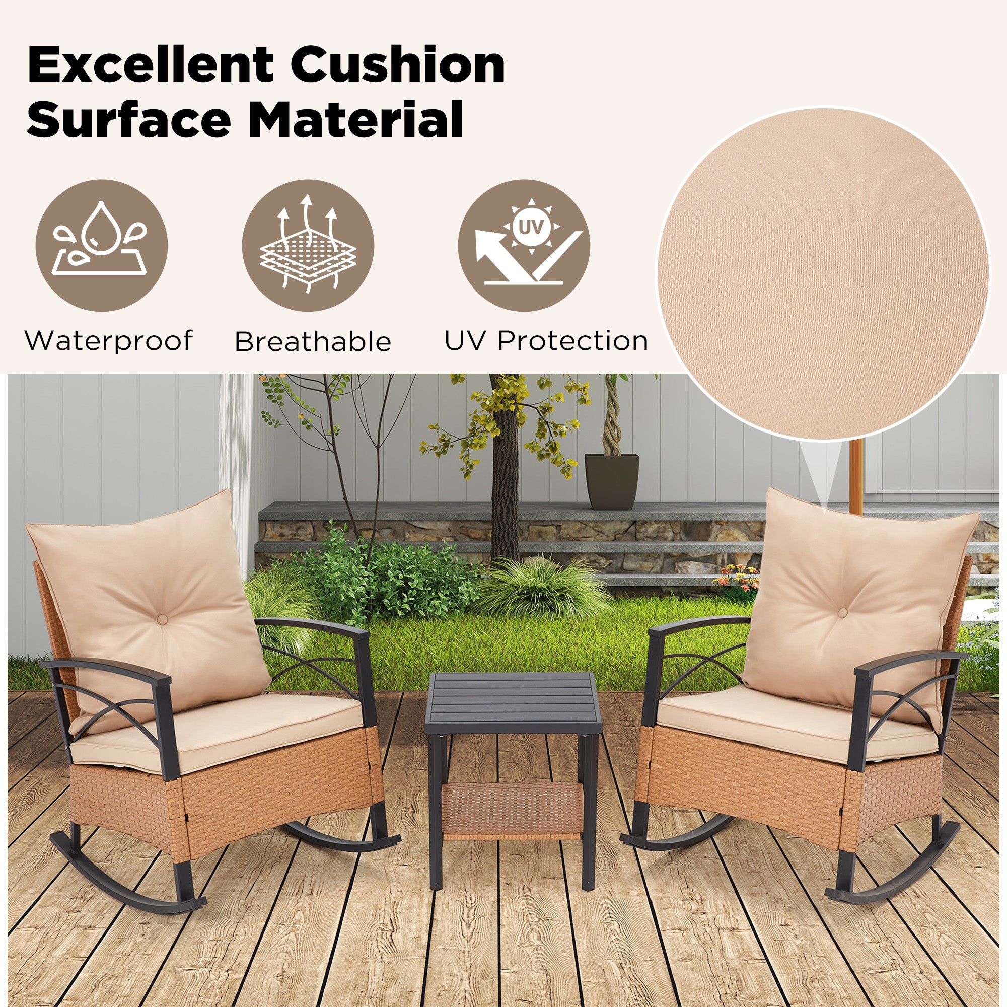 HOMREST 3-Piece Bistro Set: Outdoor Rattan Rocking Chairs with Cushions and Coffee Table