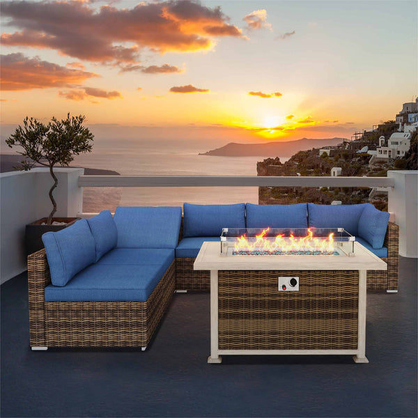  Patio Conversation Set with 50 in Auto-Ignition Propane Fire Pit with Aluminum Table Top and Glass Wind Guard for Christmas Party and Decoration, Brown