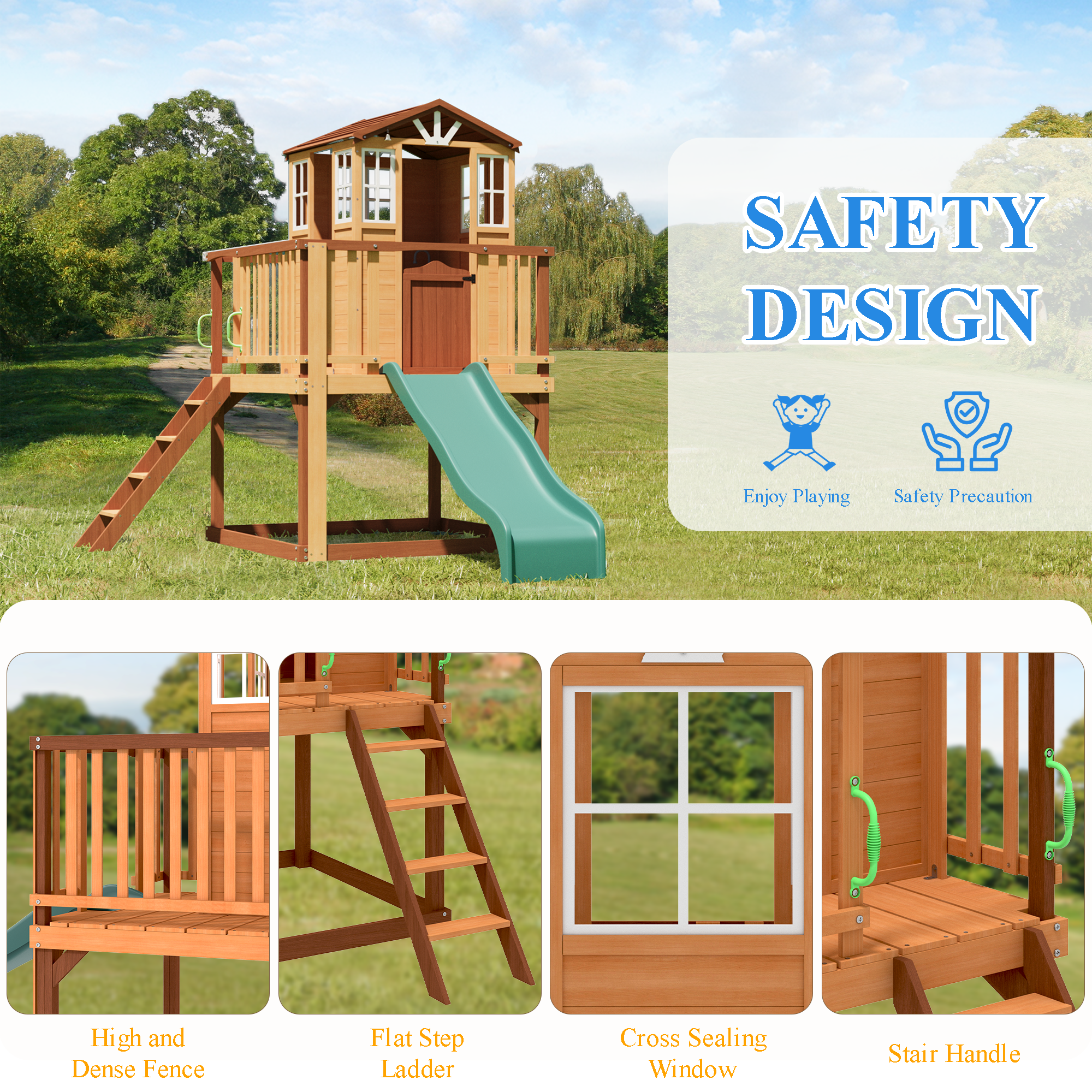 Homrest  Outdoor Wooden Playhouse for Kids - Fir Tree House with Slide, Climbing Ladder & Play Kitchen | Ages 4-8, Wood