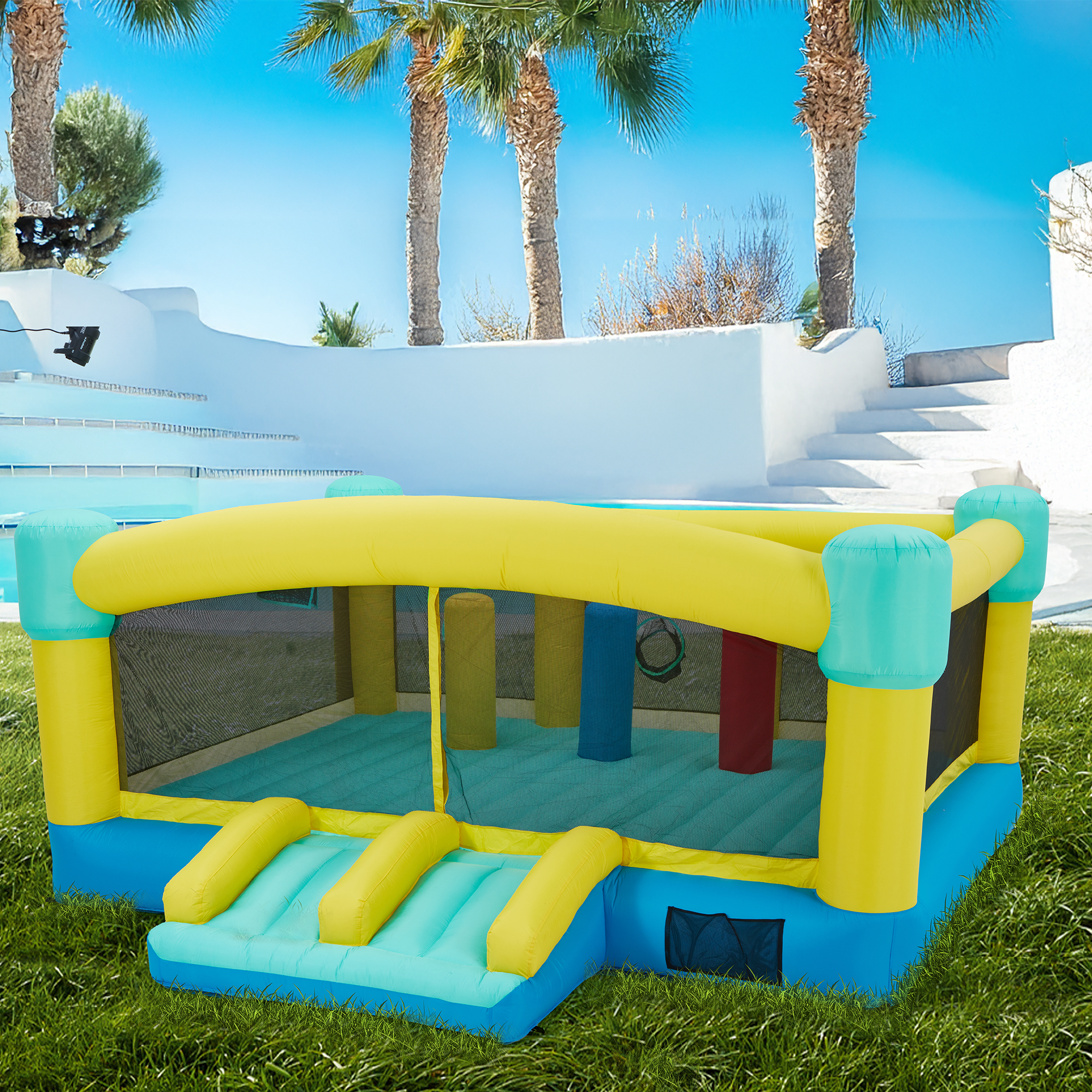 Homrest Inflatable Trampoline Bounce House , Jumping Castle with Blower and Basketball Hoop ball pit for Kids 3-6 Outdoor, Jump House Punching Bag for Kids, Heavy Duty 840D Oxford Cloth