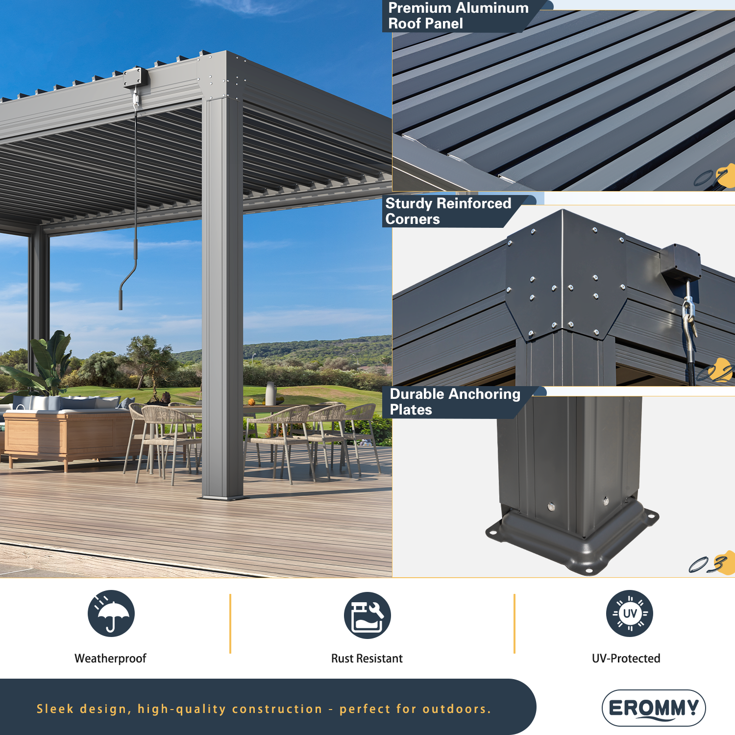 HOMREST 12x16 Louvered Pergola with Side Pull-Down Screen, Outdoor Aluminum Pergola with Thickened Frame and Adjustable Metal Rainproof Roof for Deck Patio Garden Yard, Black-Gray