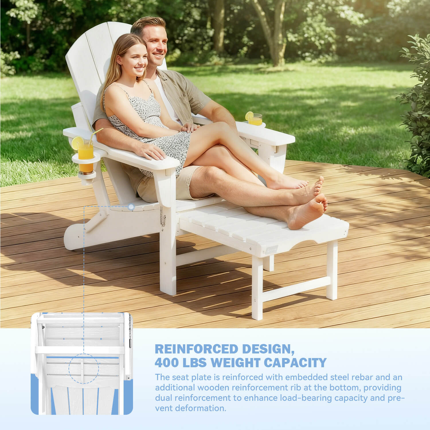 HOMREST 3-Level  Adjustable Adirondack Chair with Retractable Ottoman, Folding HDPE Outdoor Chair with Cup Holders, White