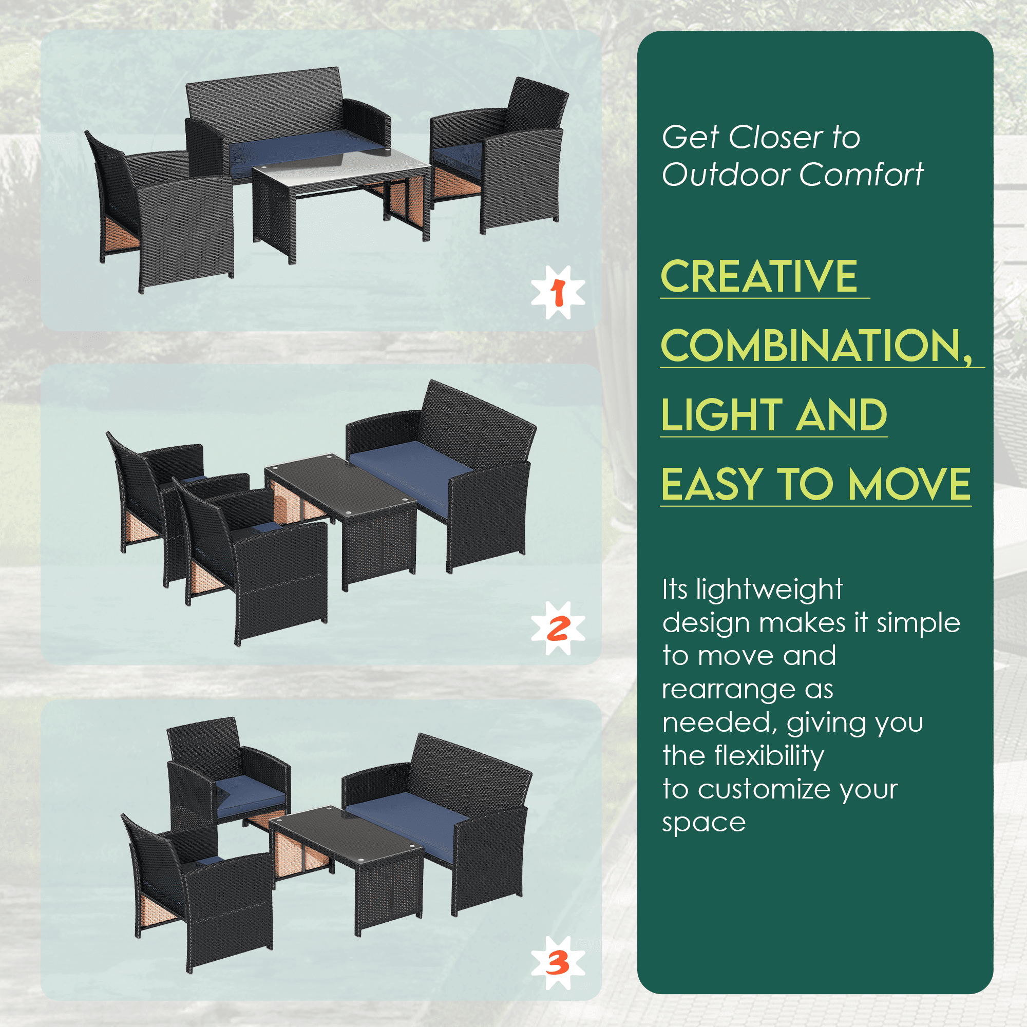 HOMREST 4-Piece Patio Furniture Set, Outdoor Wicker Patio Conversation Set with Cushions, Sofa & Glass Coffee Table, Navy Blue