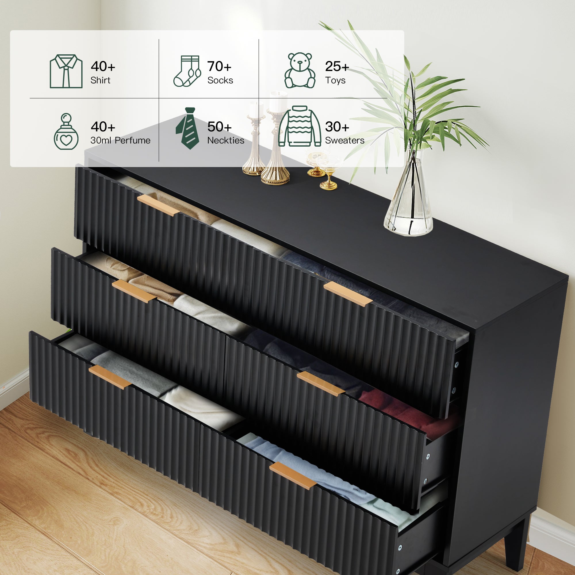 HOMREST Fluted Dresser for Bedroom, 6 Drawer Modern Dresser, Wide Modern Chest of Drawers with Metal Handle, Mid Century Modern Dresser, Black