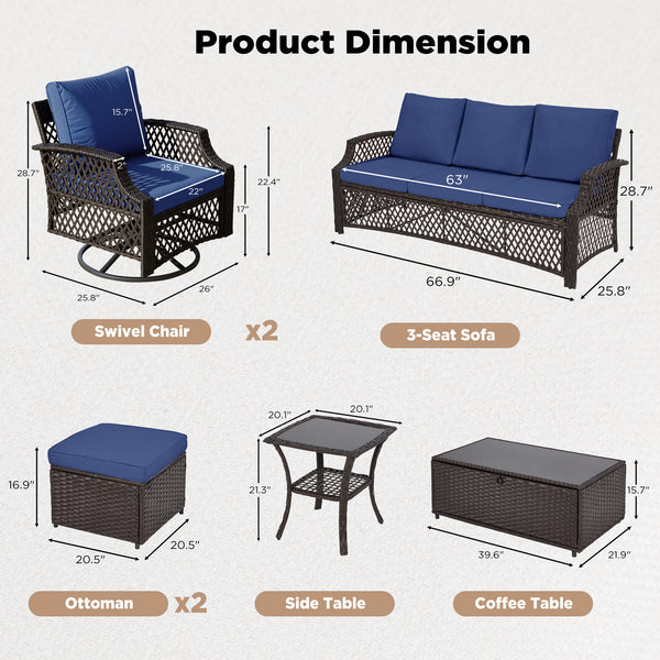 HOMREST 2 Piece All-Weather Outdoor Wicker Ottoman, Patio Footrest & Extra Seat with Thick Cushion (Navy Blue)