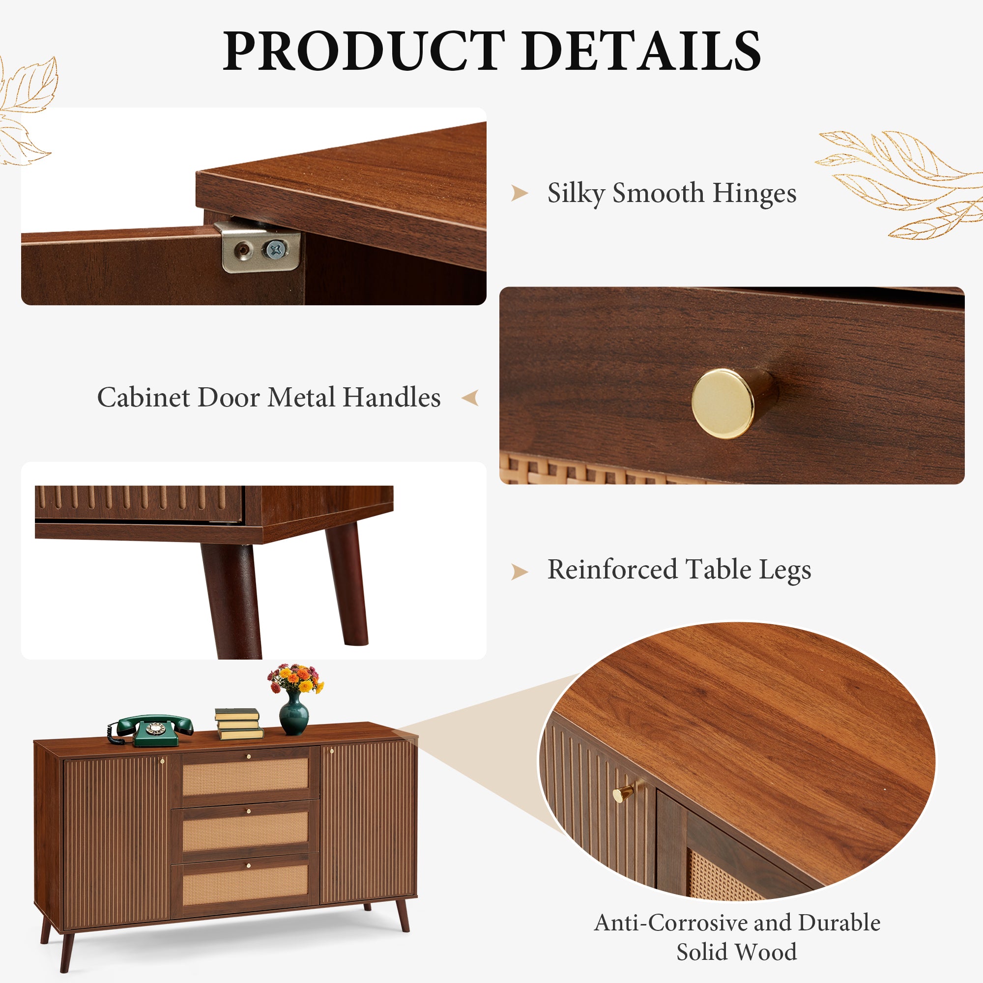 HOMREST  Solid Wood Sideboard Buffet Cabinet, Mid-Century Credenza for Living Room, Entryway, Walnut