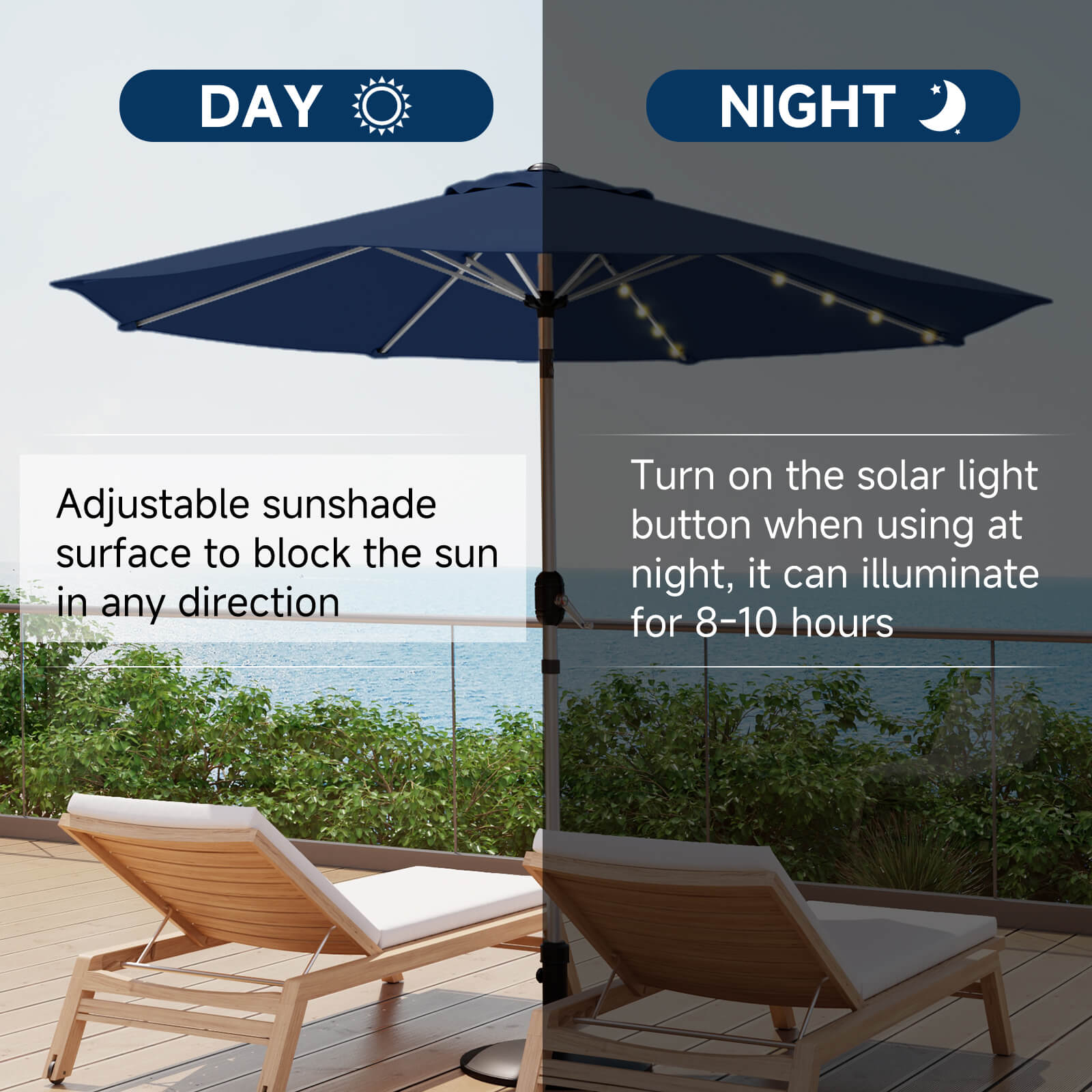 Homrest 10FT Solar Lighted Patio Umbrella, Fade-Resistant Outdoor Umbrella with Tilt, 8 Aluminum Ribs Navy Blue