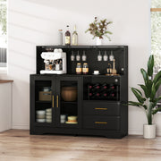 HOMREST Modern Wine Bar Cabinet With Led Lights, Coffee Bar With Wine Racks And Glass Holder, Charging Station,  Black