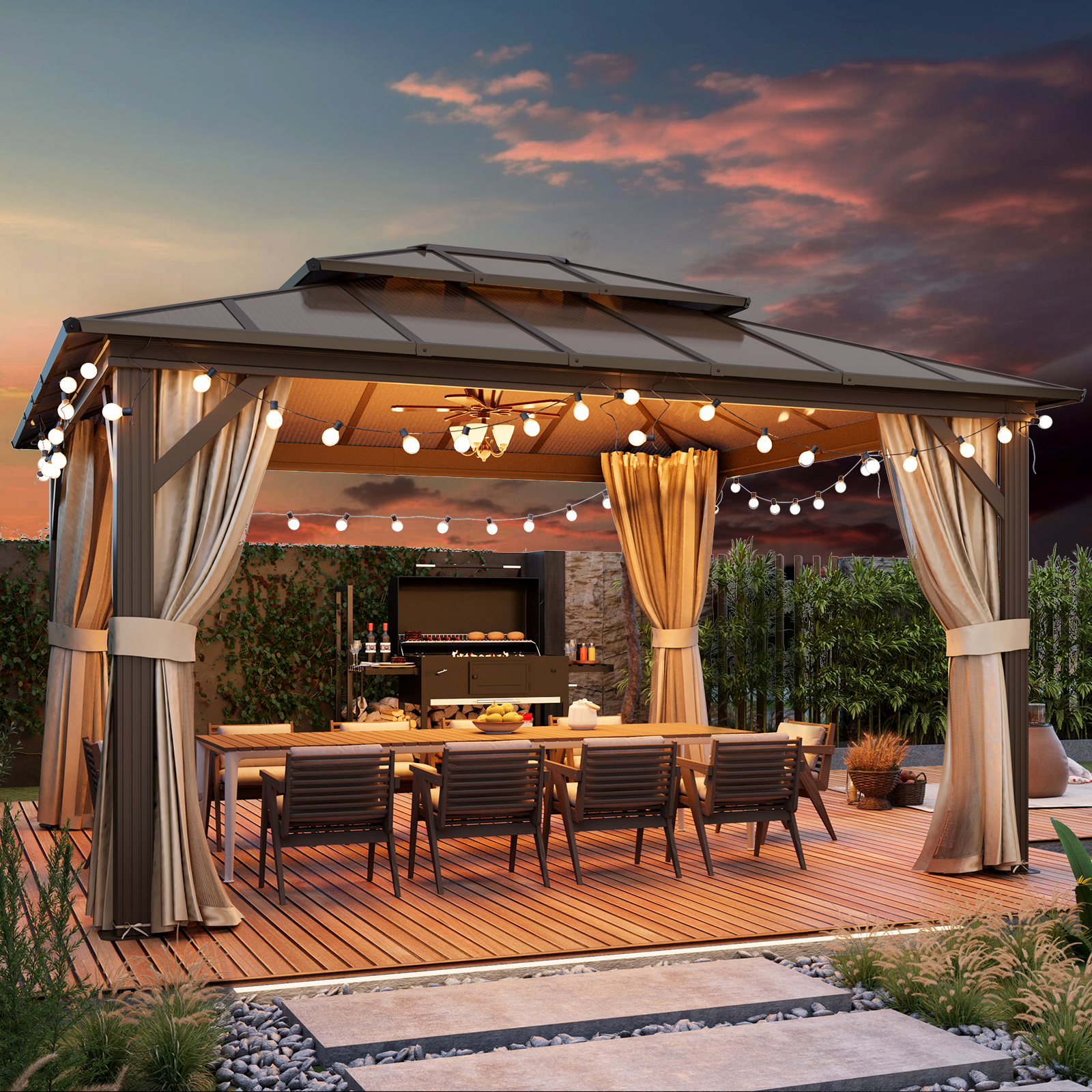 Homrest 12' x 14' Hardtop Gazebo, Outdoor Gazebo with Polycarbonate Vertical Stripe Double Canopy, Aluminum Gazebo with Netting and Curtains for Patios