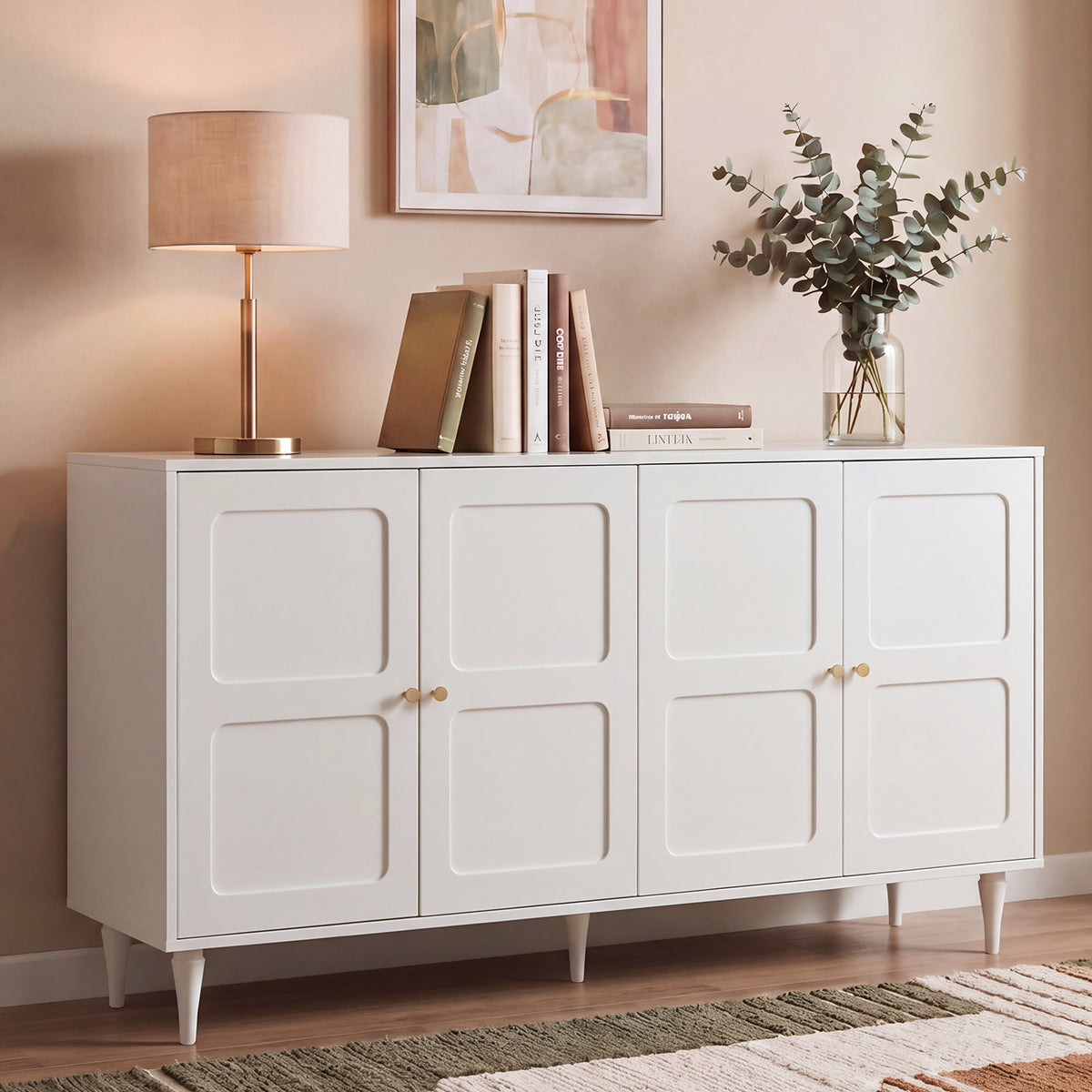 HOMREST Storage Cabinet with 4 Doors and Adjustable Shelves, Sideboard, White
