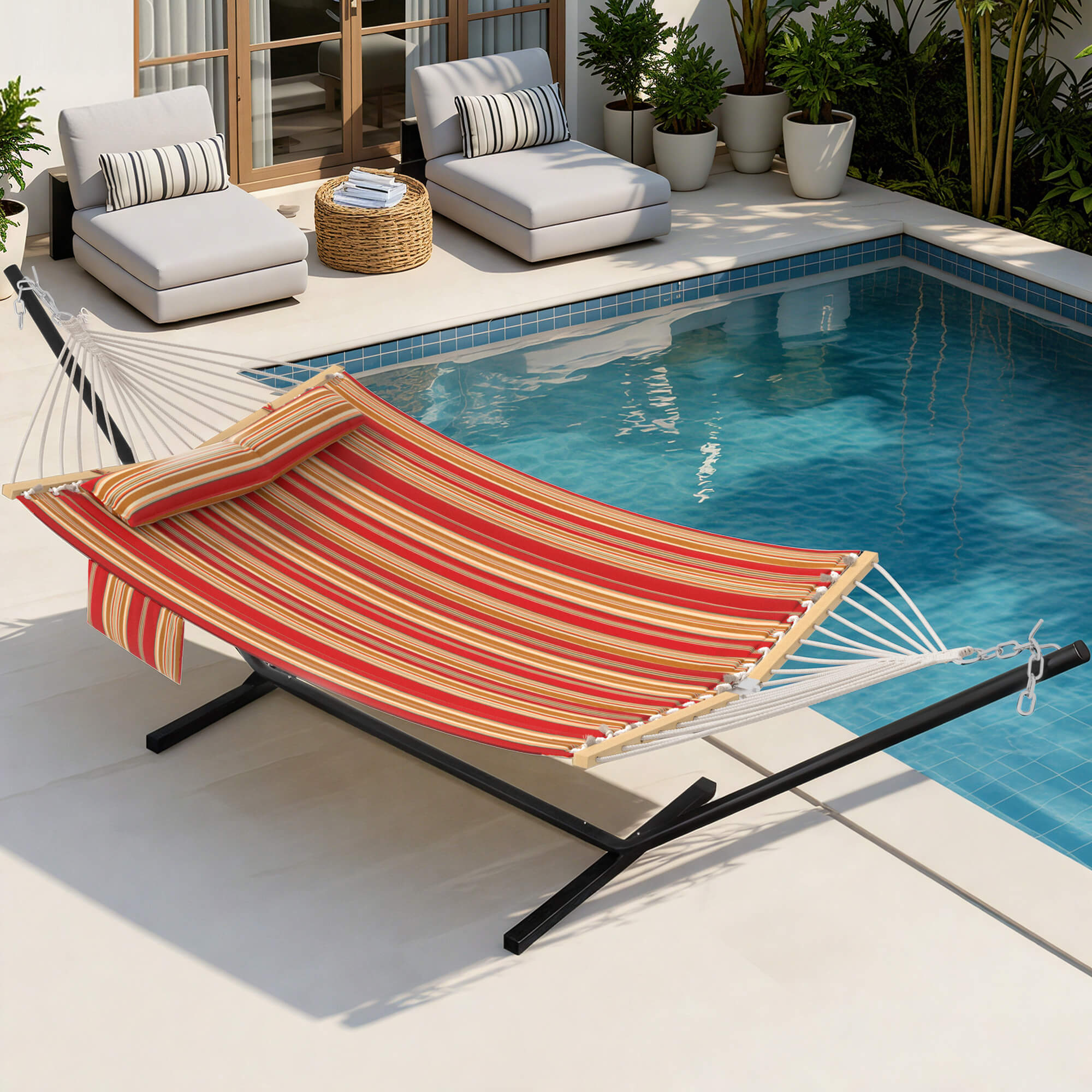 HOMREST Modern Rope Hammock with Stand, Portable Outdoor Hammock for Backyard, Beach & Camping, Red Stripes