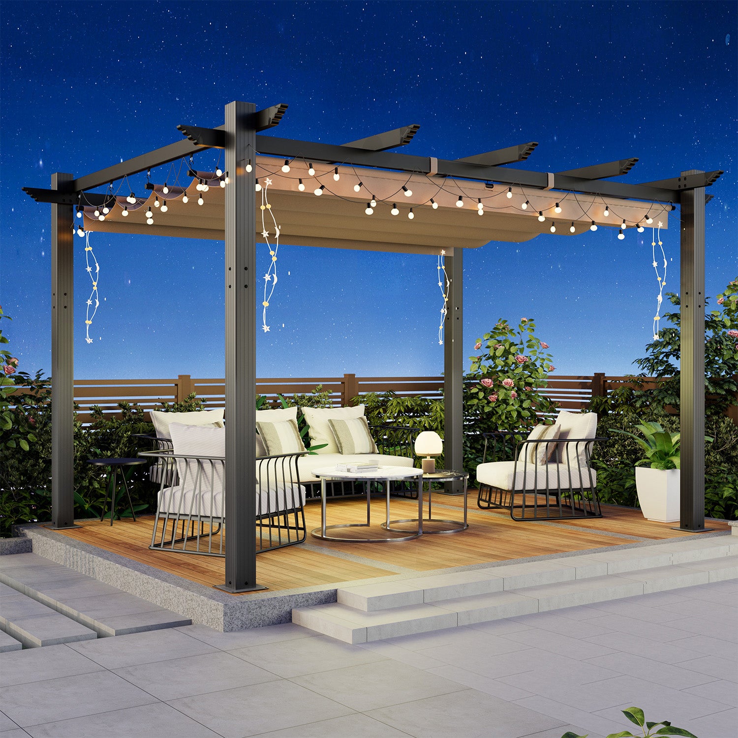 HOMREST Retractable Pergola 10x13 Ft, Outdoor Aluminum Shelter with Dual Adjustable Sun Shade Canopy for Patio Backyard, Locking System Includes Straps & Screws (Khaki)
