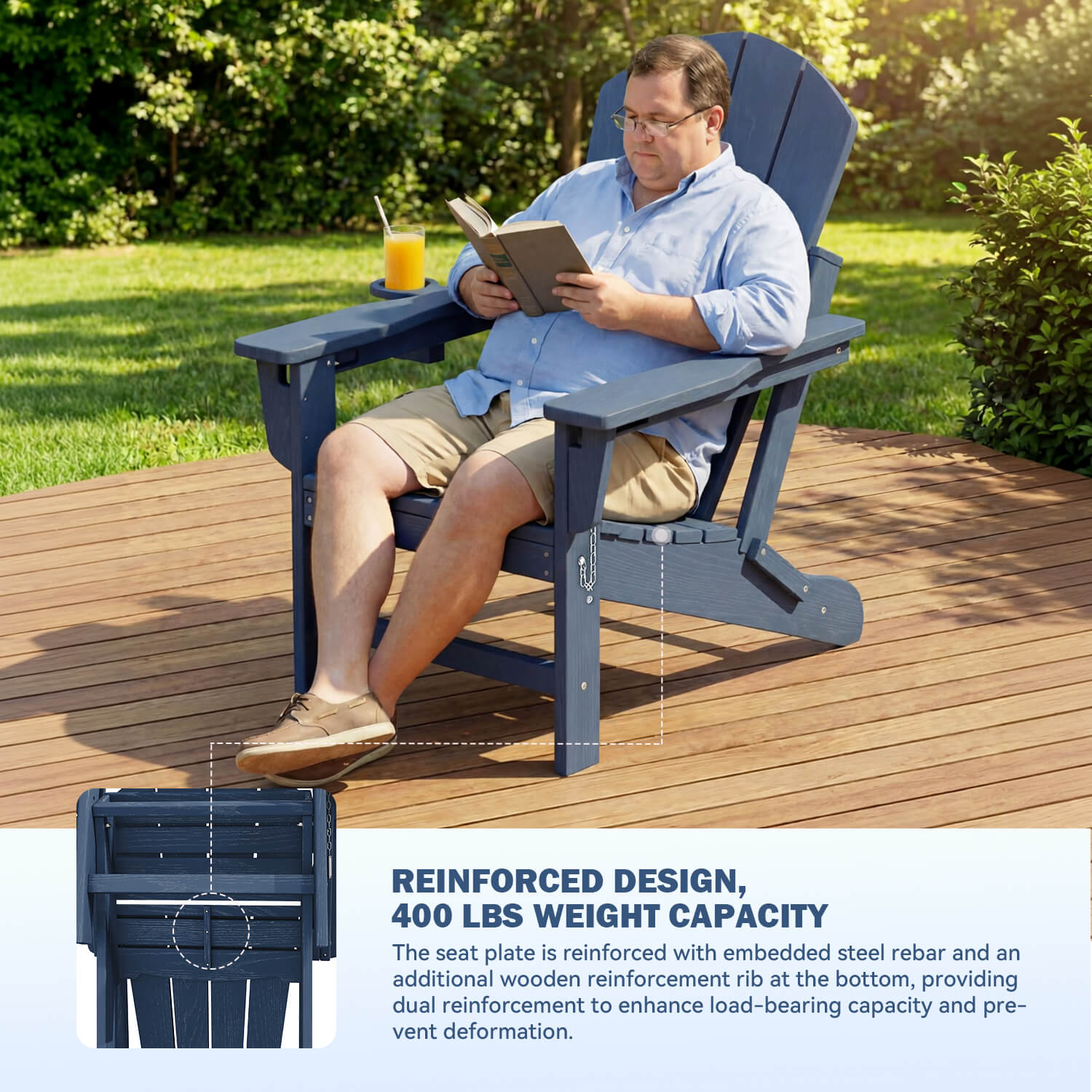 HOMREST 3-Position Adjustable Adirondack Chairs Set of 4, 400LBS HDPE Folding Outdoor Chairs with Cup Holder, Navy Blue