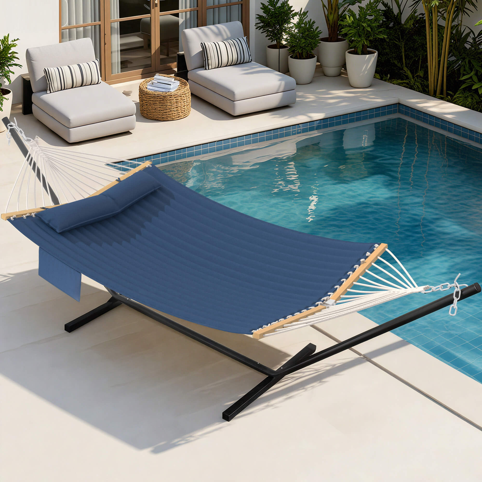 HOMREST Modern Rope Hammock with Stand, Portable Outdoor Hammock for Backyard, Beach & Camping, Navy Blue