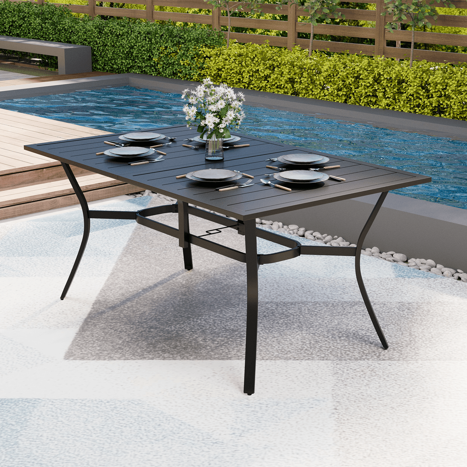 HOMREST 63"x38" Outdoor Dining Table for 6, E-Coated Metal w/ Umbrella Hole