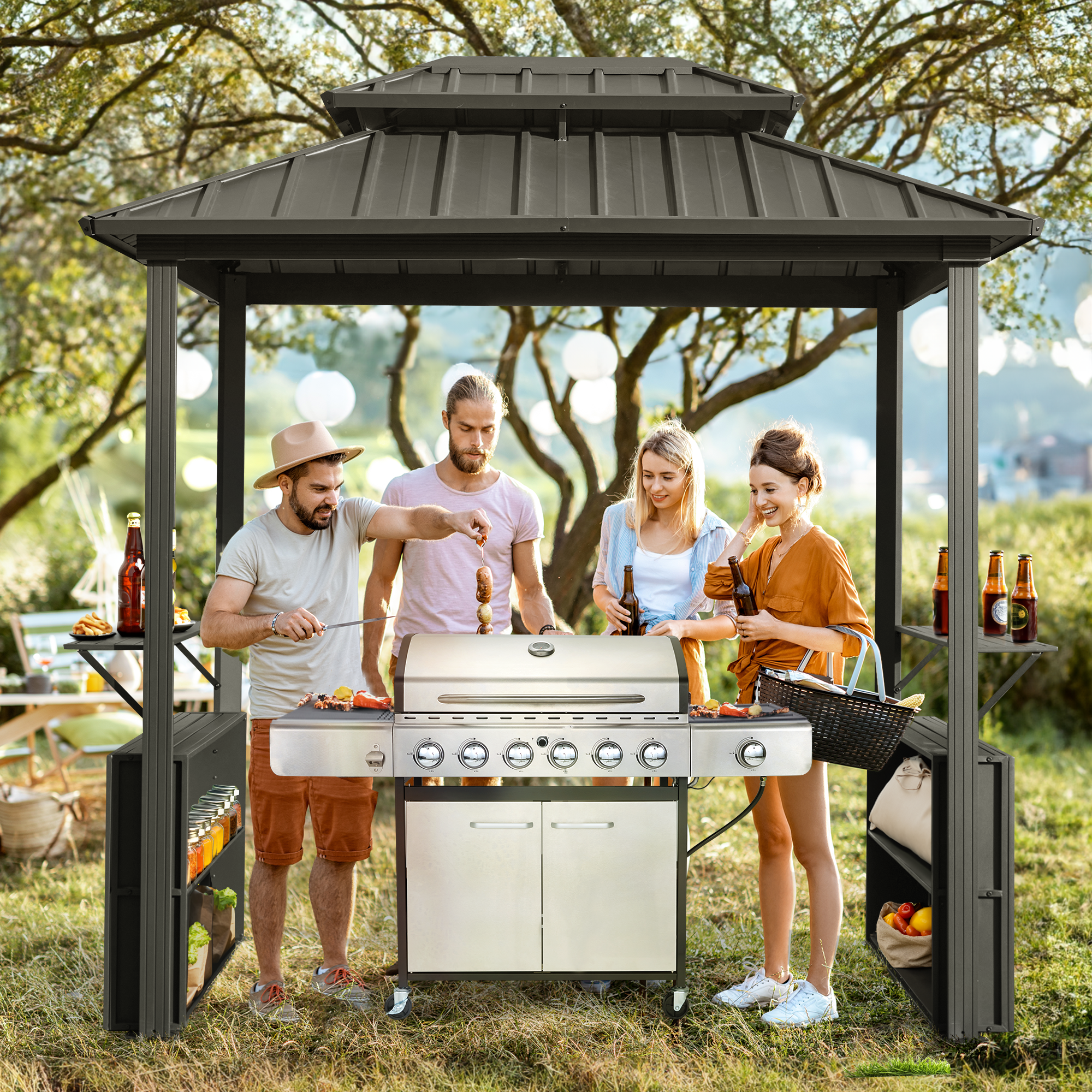 HOMREST 8x6 FT Outdoor Grill Gazebo with Double Steel Roof