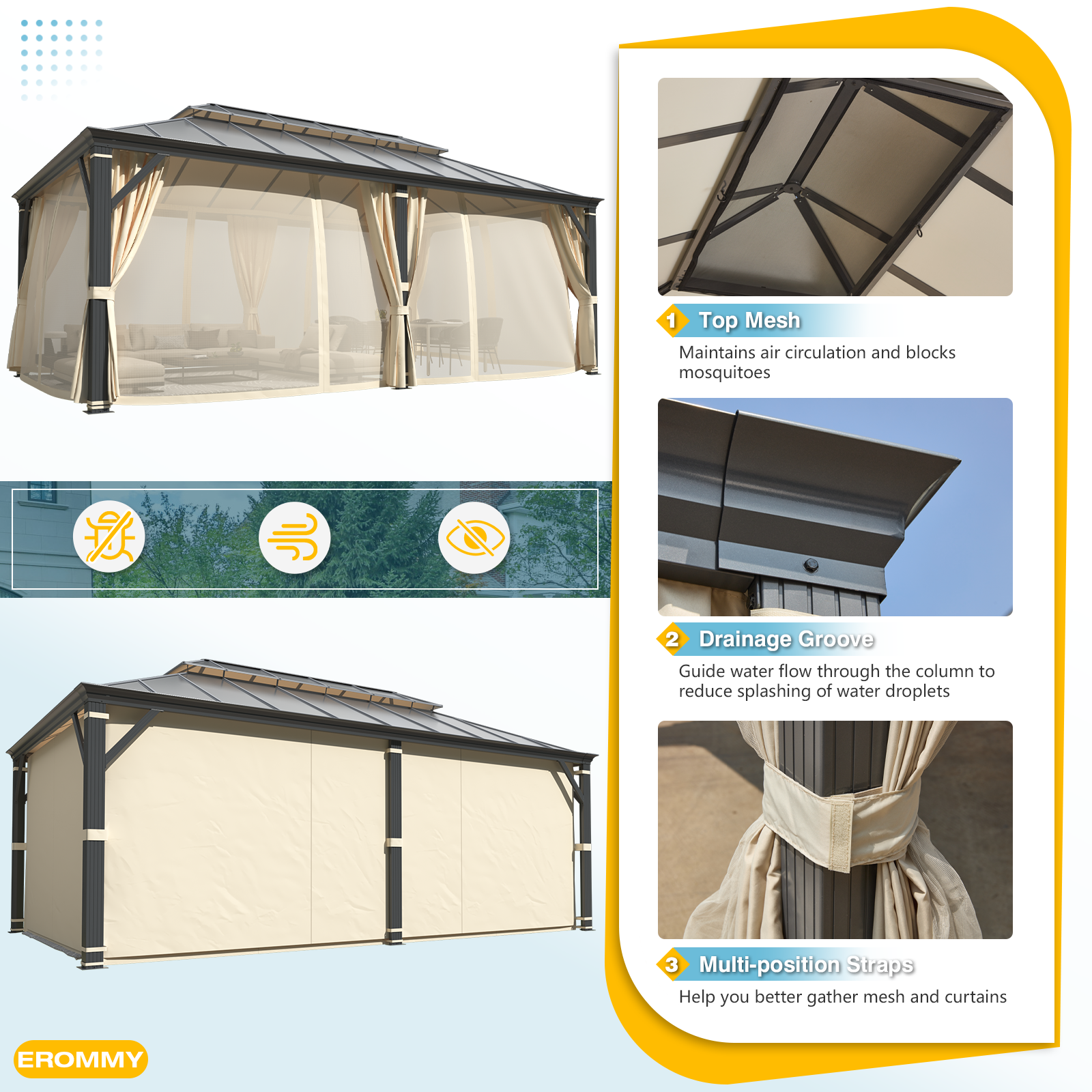 Homrest 12' x 20' Hardtop Gazebo, Aluminum Composite Double Roof for Patio and Garden, Curtains and Netting