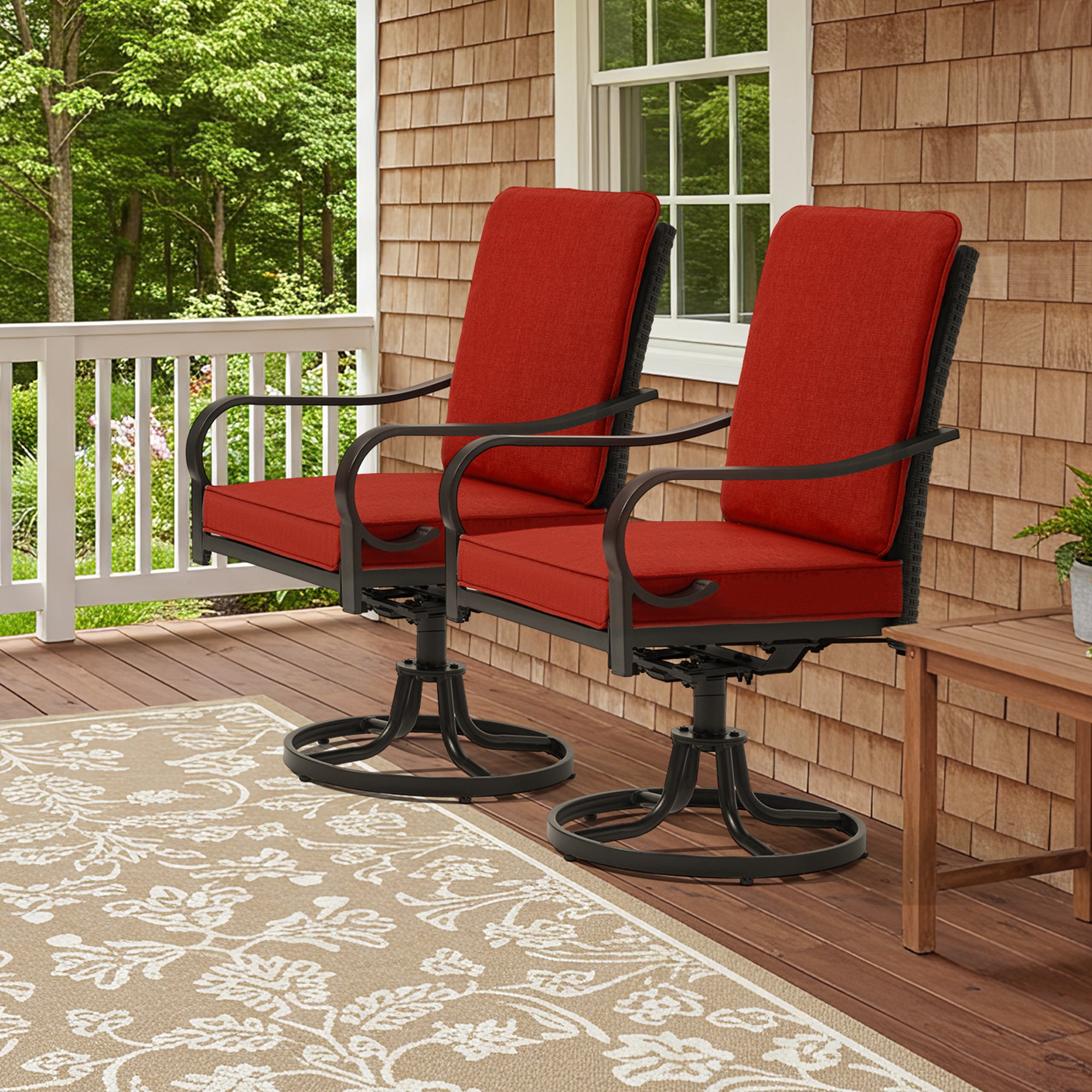 HOMREST Patio Swivel Chairs Set of 2 with Full Rattan Backrest, Red