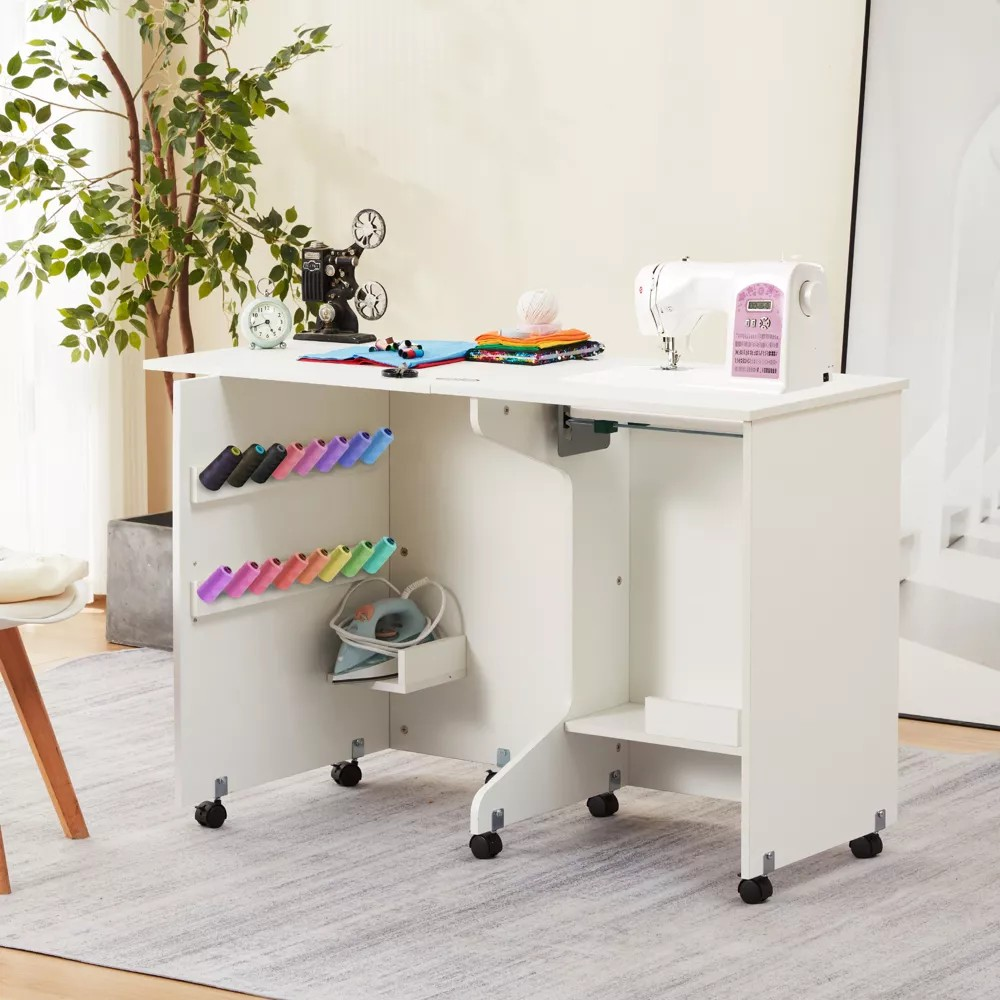 HOMREST folding Table with Storage Shelf, White