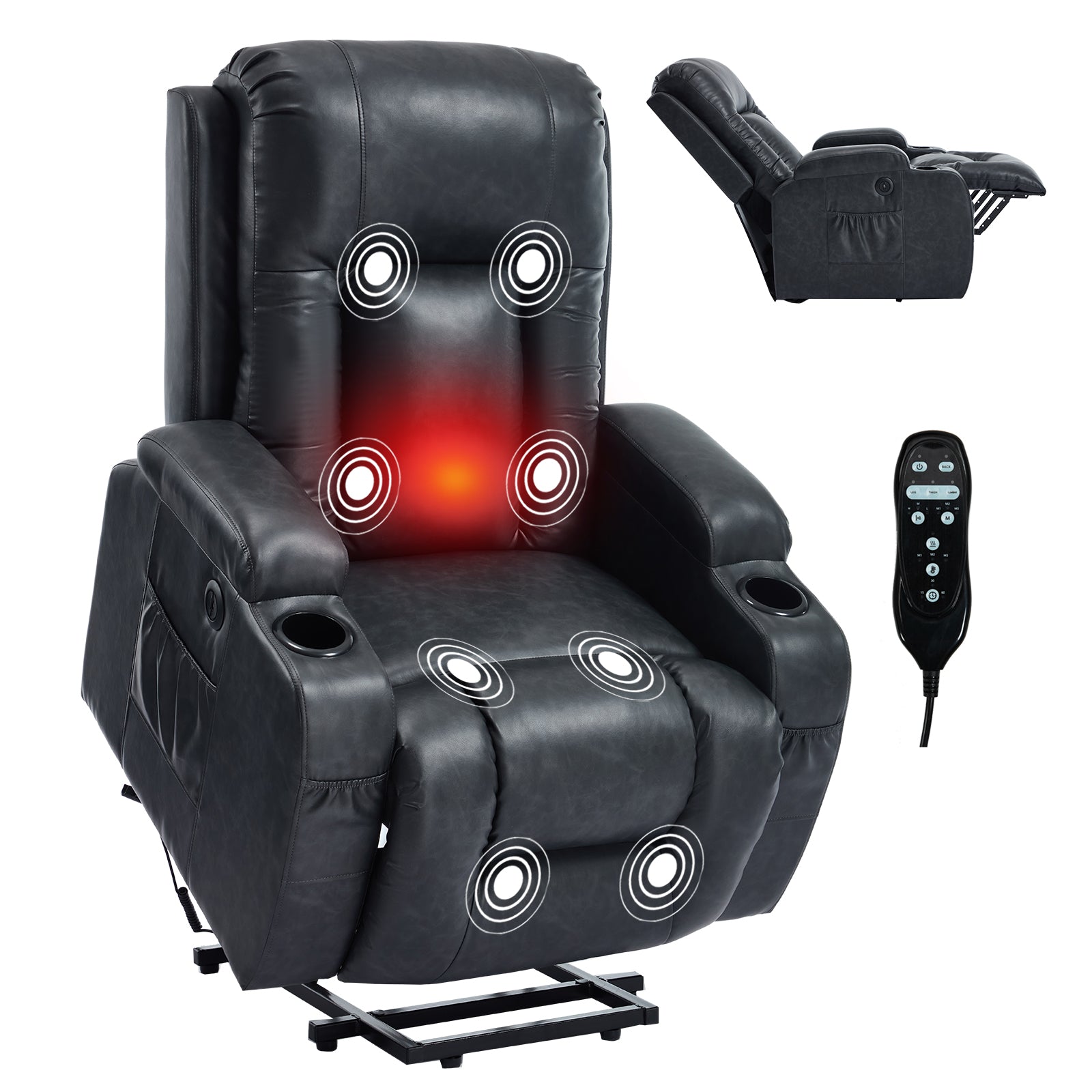 HOMREST PU Infinite Position Power Lift Recliner Chair for Elderly, 8-Point Massage & Heating, Gray