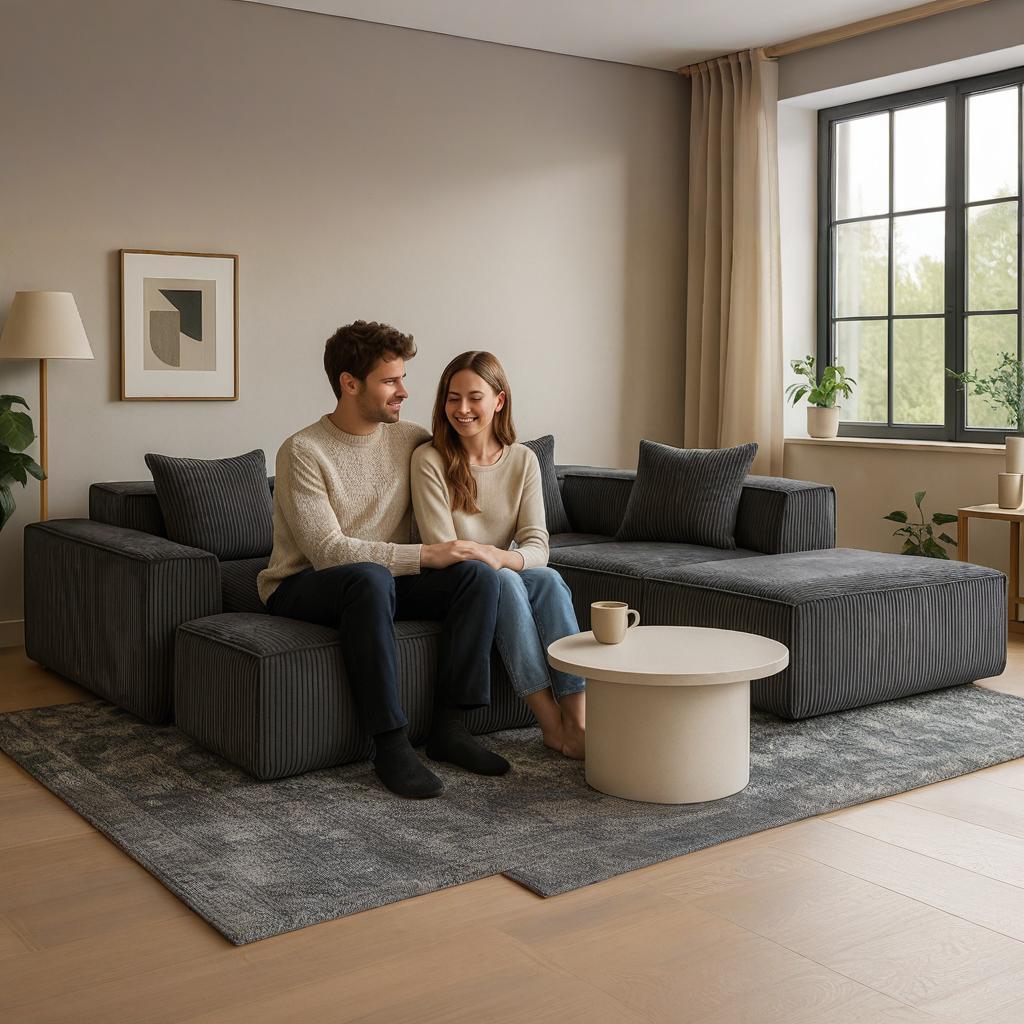 HOMREST 5-Seat Modular Sofa, Corduroy Lounge Couch with Free Combination Design and Throw Pillows, Gray