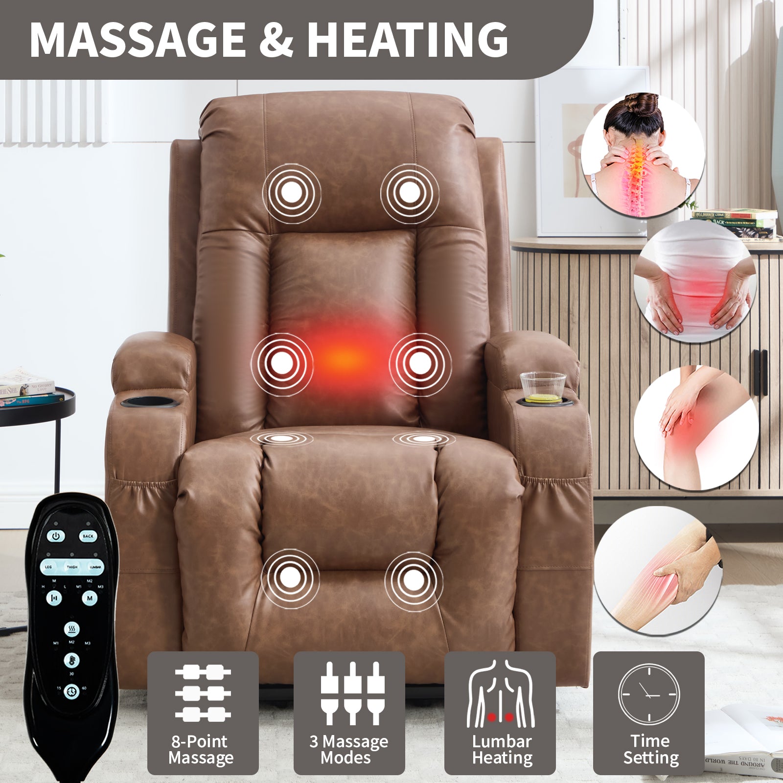 HOMREST PU Infinite Position Power Lift Recliner Chair for Elderly, 8-Point Massage & Heating, Brown