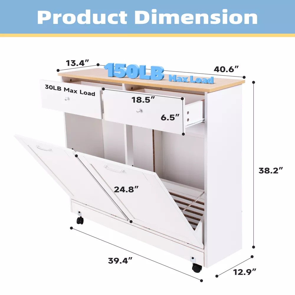 Homrest Double Tilt Trash Cabinet with 2 Drawers, Trash Cabinet with Storage on Wheels,white