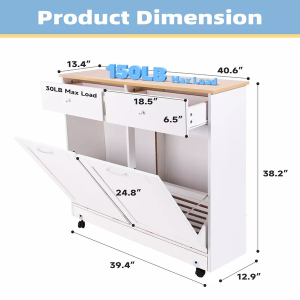 EROMMY Double Tilt Trash Cabinet with 2 Drawers, Trash Cabinet with Storage on Wheels,white