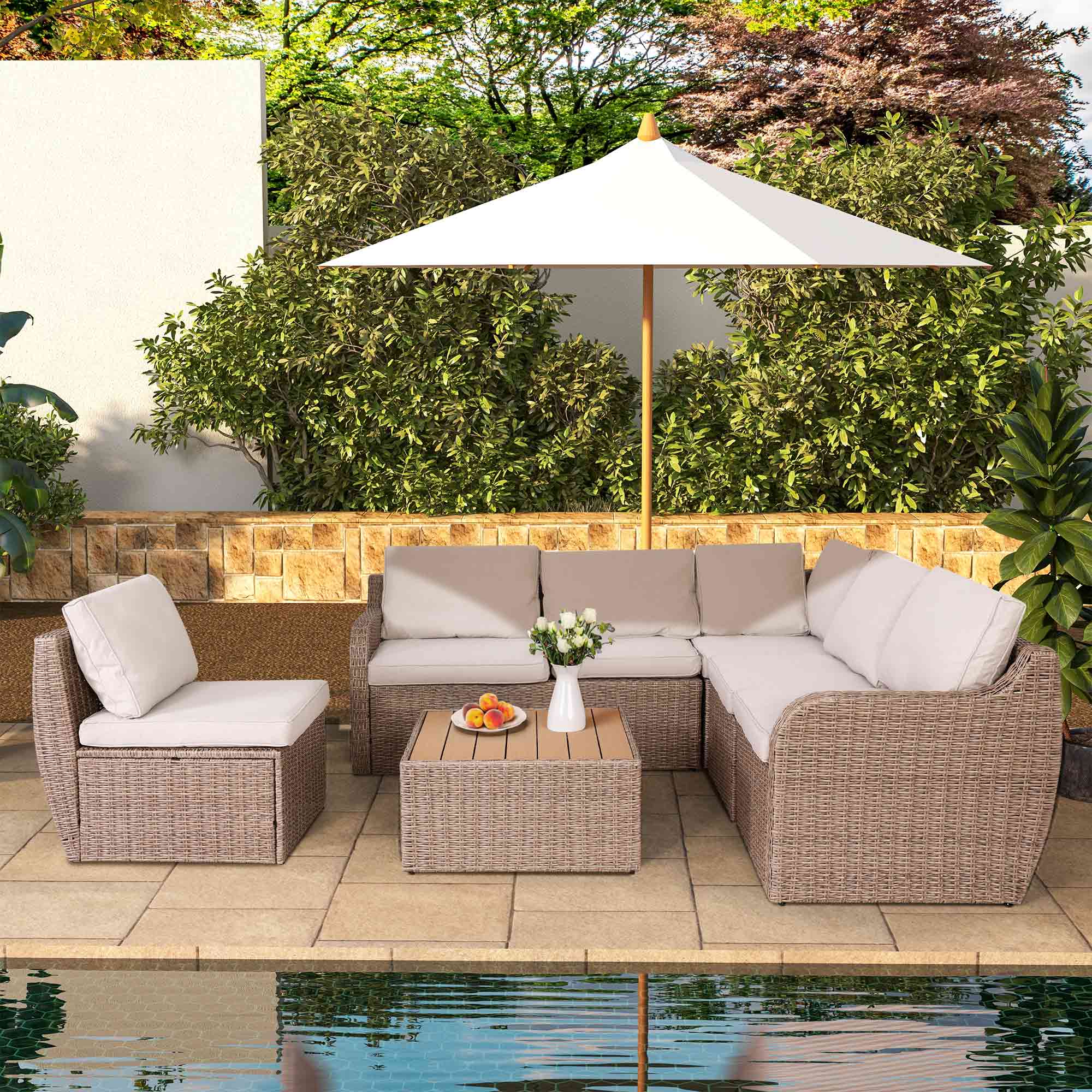 Homrest 7 pices patio furniture set, outdoor conversation set with coffee table for garden and backyard, khaki