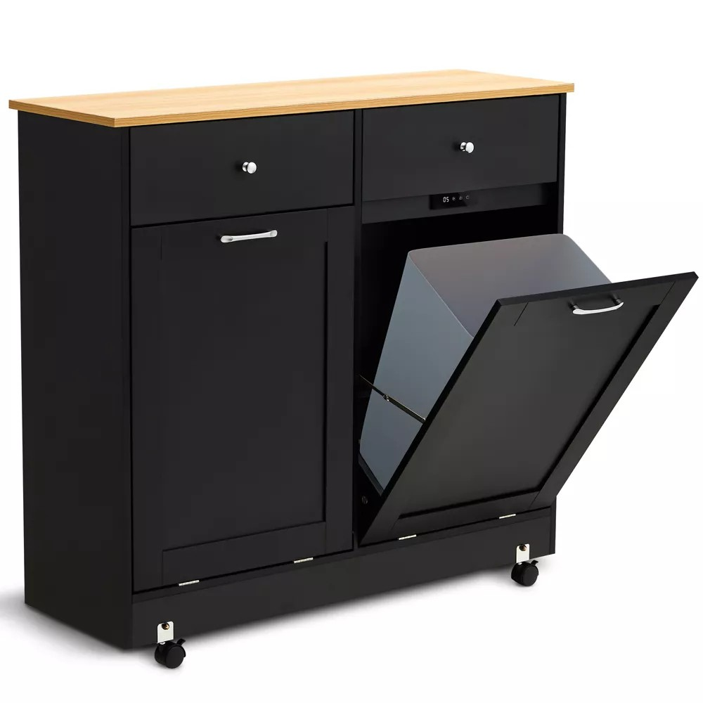 HOMREST Double Tilt Trash Cabinet with 2 Drawers, Trash Cabinet with Storage on Wheels, Black