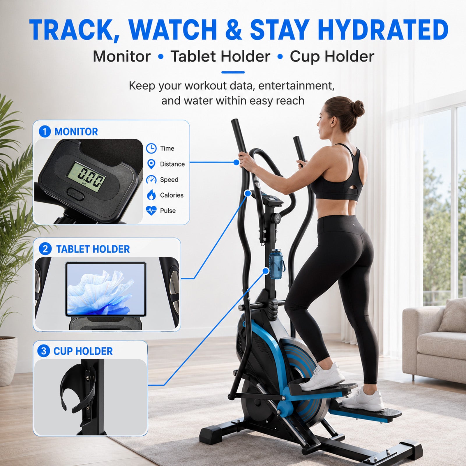 HOMREST 3-in-1 Elliptical Exercise Machine for Home, Cardio Climber & Stair Stepper with 18LB Flywheel, 16-Level Magnetic Resistance, 15.5” Stride, 300LB Capacity, Quiet Compact Trainer