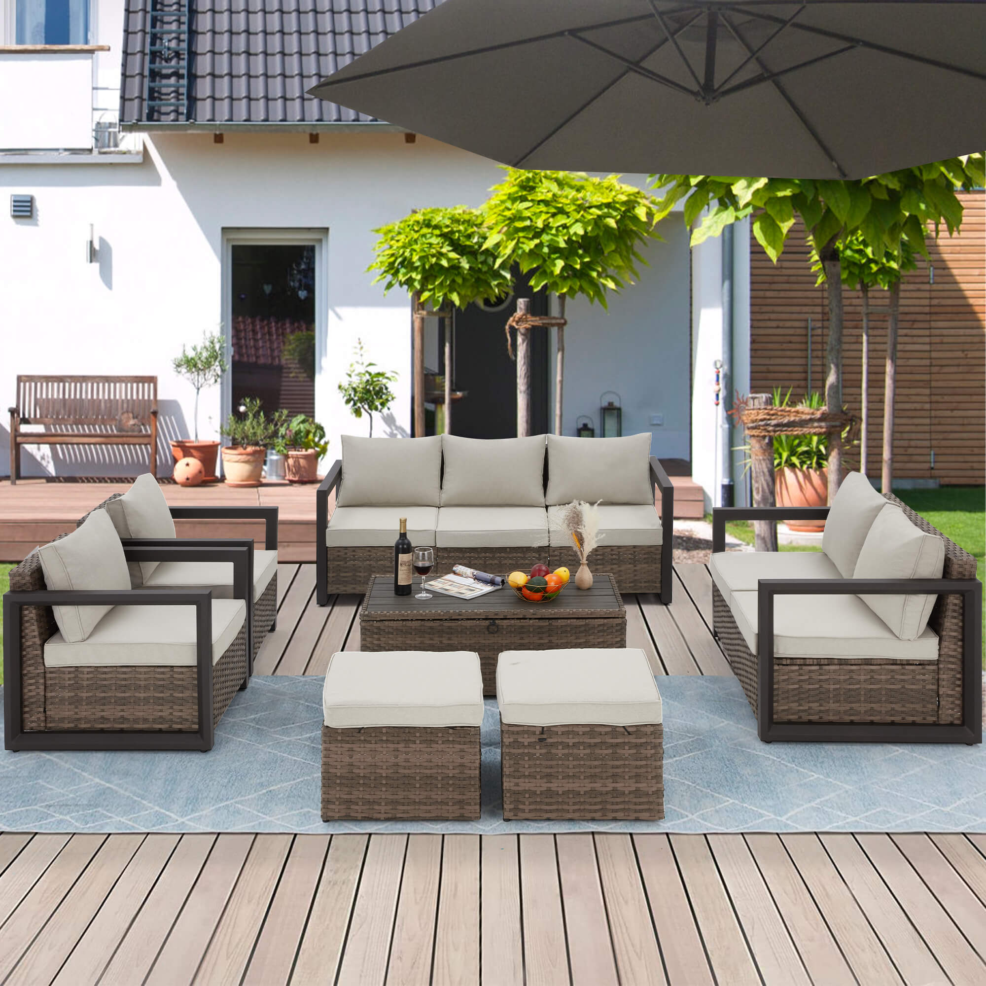 HOMREST 7 Pieces Aluminum Patio Furniture Set, PE Rattan Sectional Sofa Set with Storage Table, Modern Patio Conversation Sets w/ 2 Ottomans, Beige