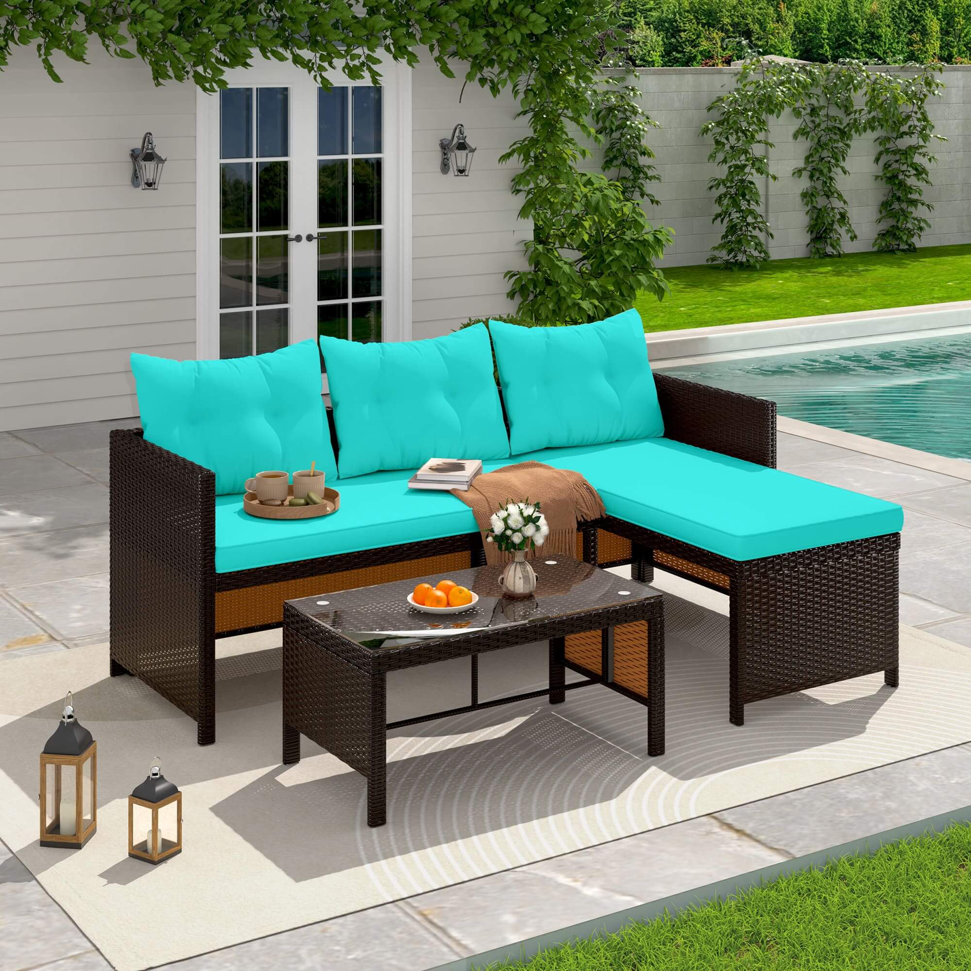 HOMREST 3 Piece Outdoor Patio Furniture Set, All-Weather PE Rattan Sofa Set with Glass Table & Cushions, Blue