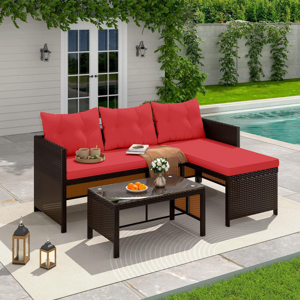 HOMREST 3 Piece Outdoor Patio Furniture Set, All-Weather PE Rattan Sofa Set with Glass Table & Cushions, Red