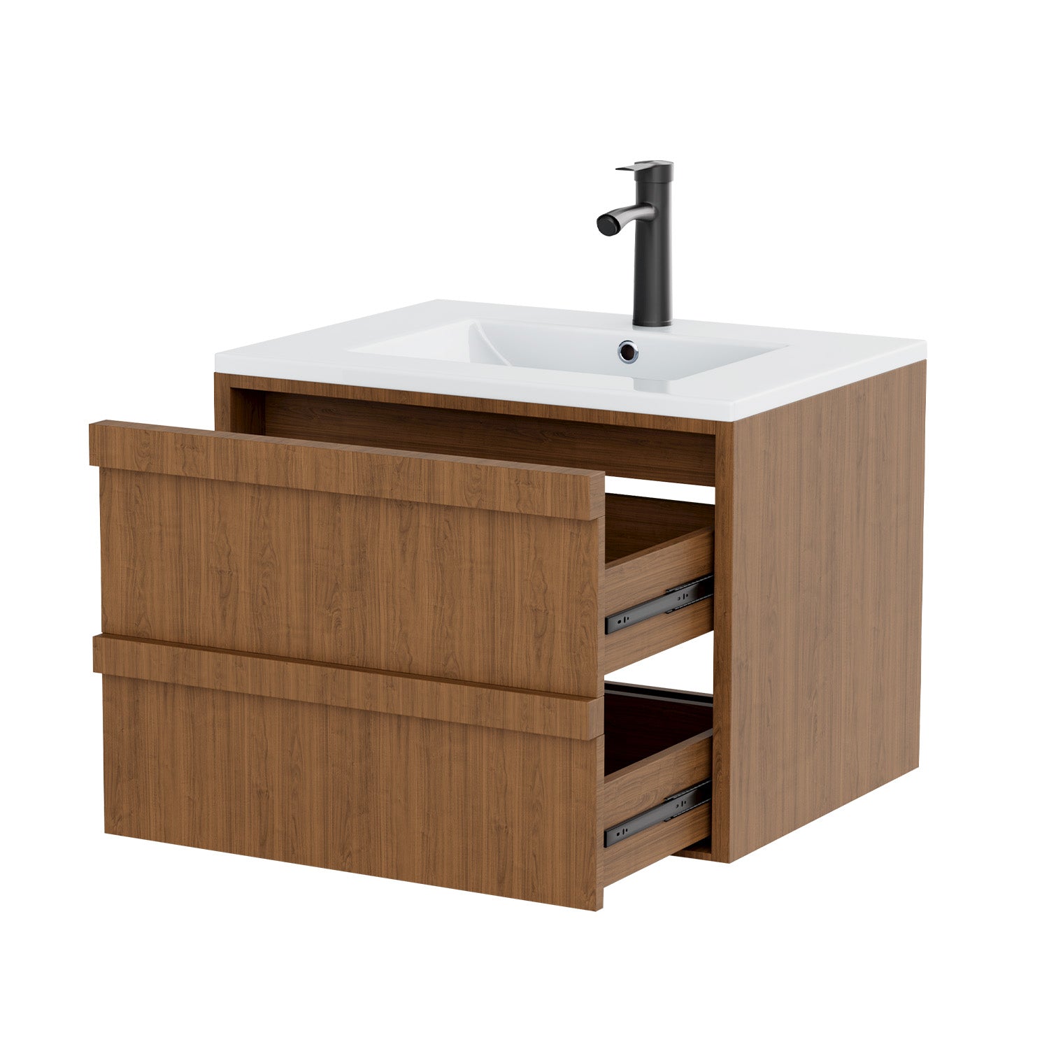 HOMREST 24 Inch Bathroom Vanity with Sink, Floating Bathroom Vanity with 2 Large Storage Drawers, Wood Grain Wall Mounted Bathroom Cabinet,  Brown