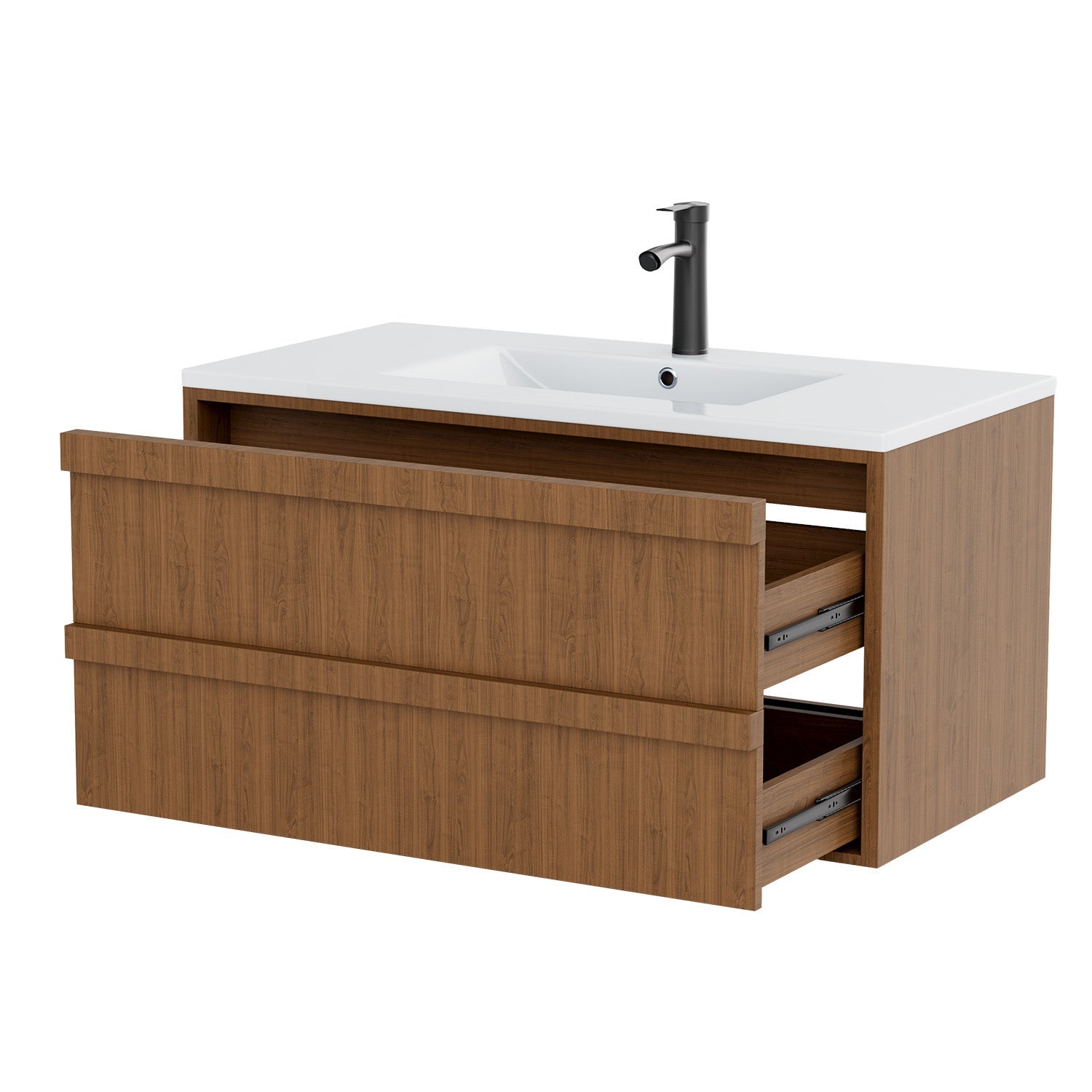 HOMREST 36 Inch Bathroom Vanity with Sink, Floating Bathroom Vanity with 2 Large Storage Drawers, Wood Grain Wall Mounted Bathroom Cabinet, Brown
