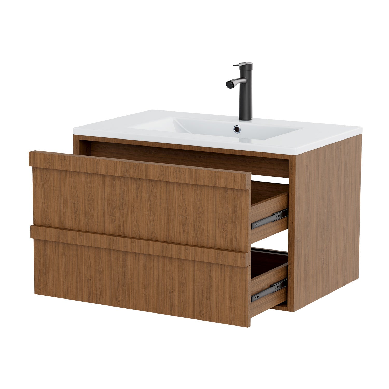 HOMREST 30 Inch Bathroom Vanity with Sink, Floating Bathroom Vanity with 2 Large Storage Drawers, Wood Grain Wall Mounted Bathroom Cabinet, Brown