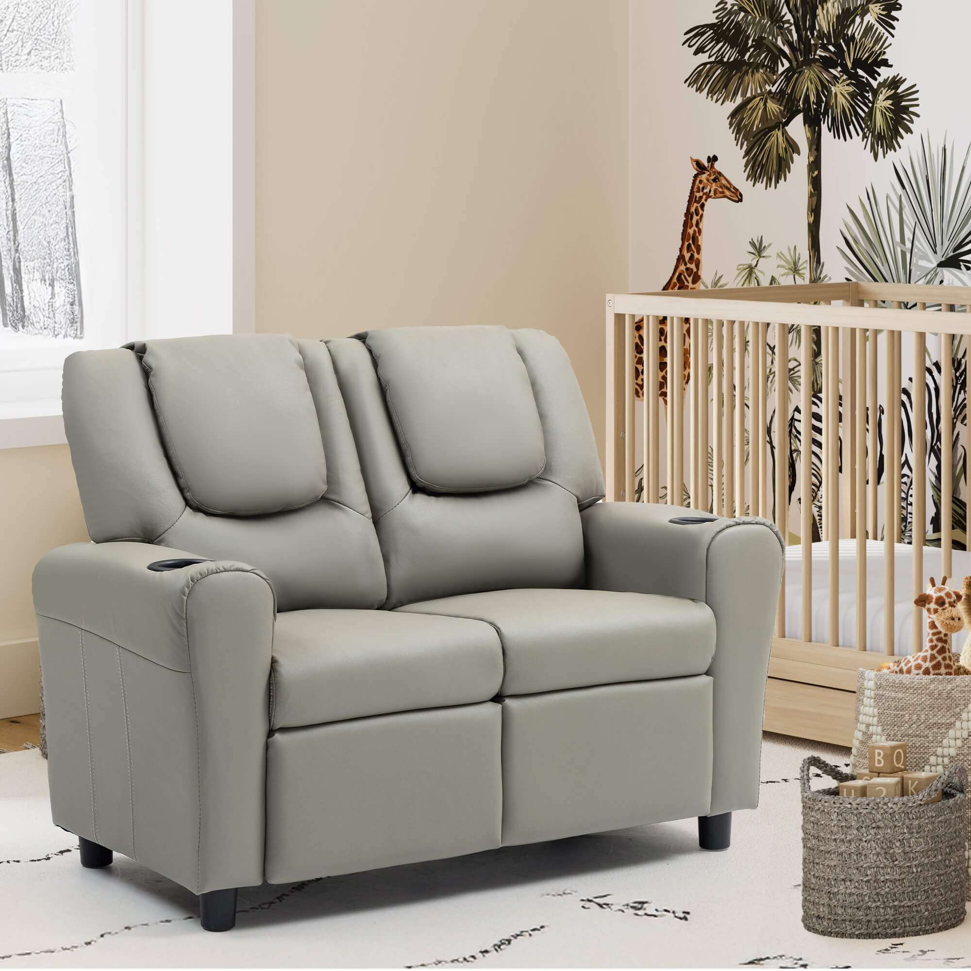 HOMREST Kids Recliner Chair, Double Kids Sofa Chair w/Cup Holder PU Leather, Toddler Loveseat Couch w/Adjustable Footrest & Headres for Boys Girls 3+ Age Group, Grey