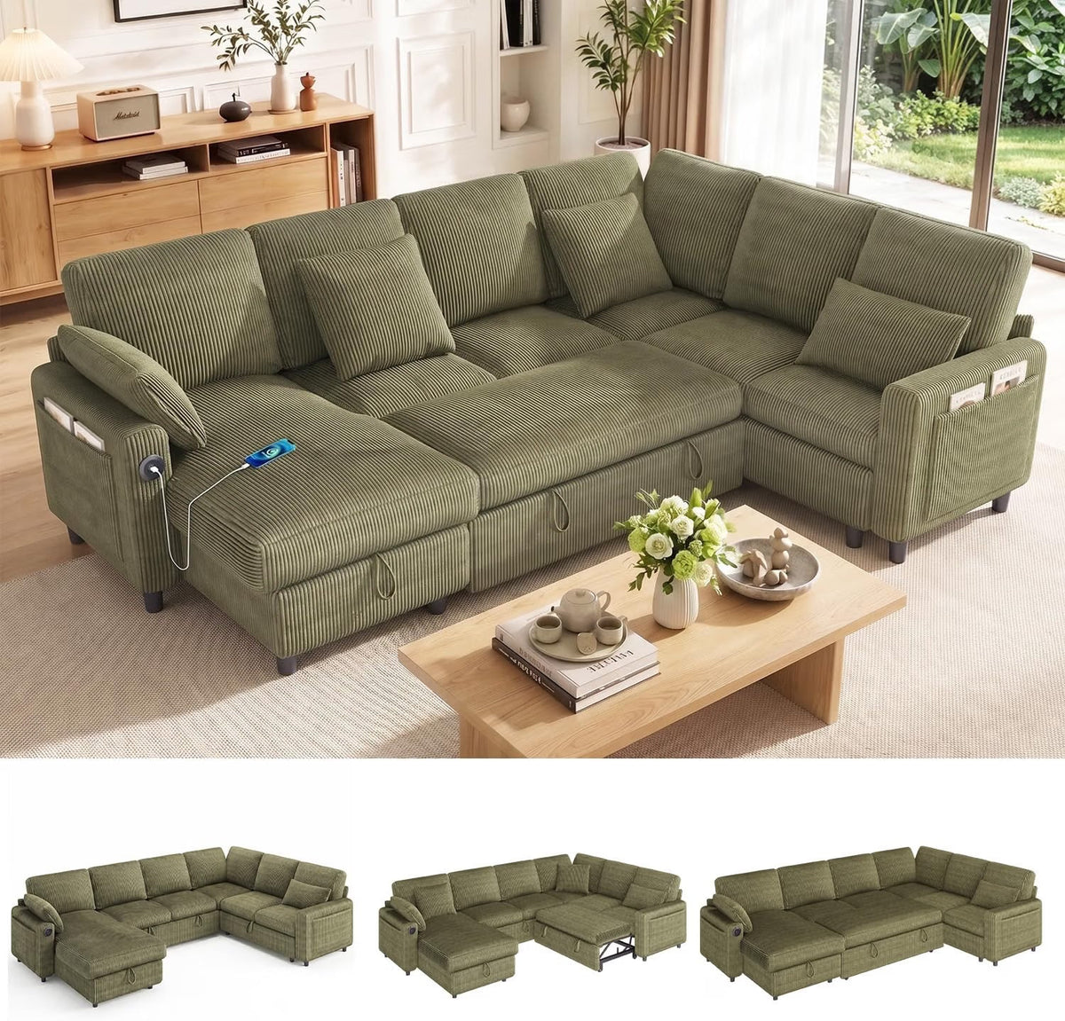 HOMREST 6-Seater Modular Sofa Bed with Reversible Storage Chaise Lounge, Corduroy U-Shaped Convertible Sleeper Couch Set , Green