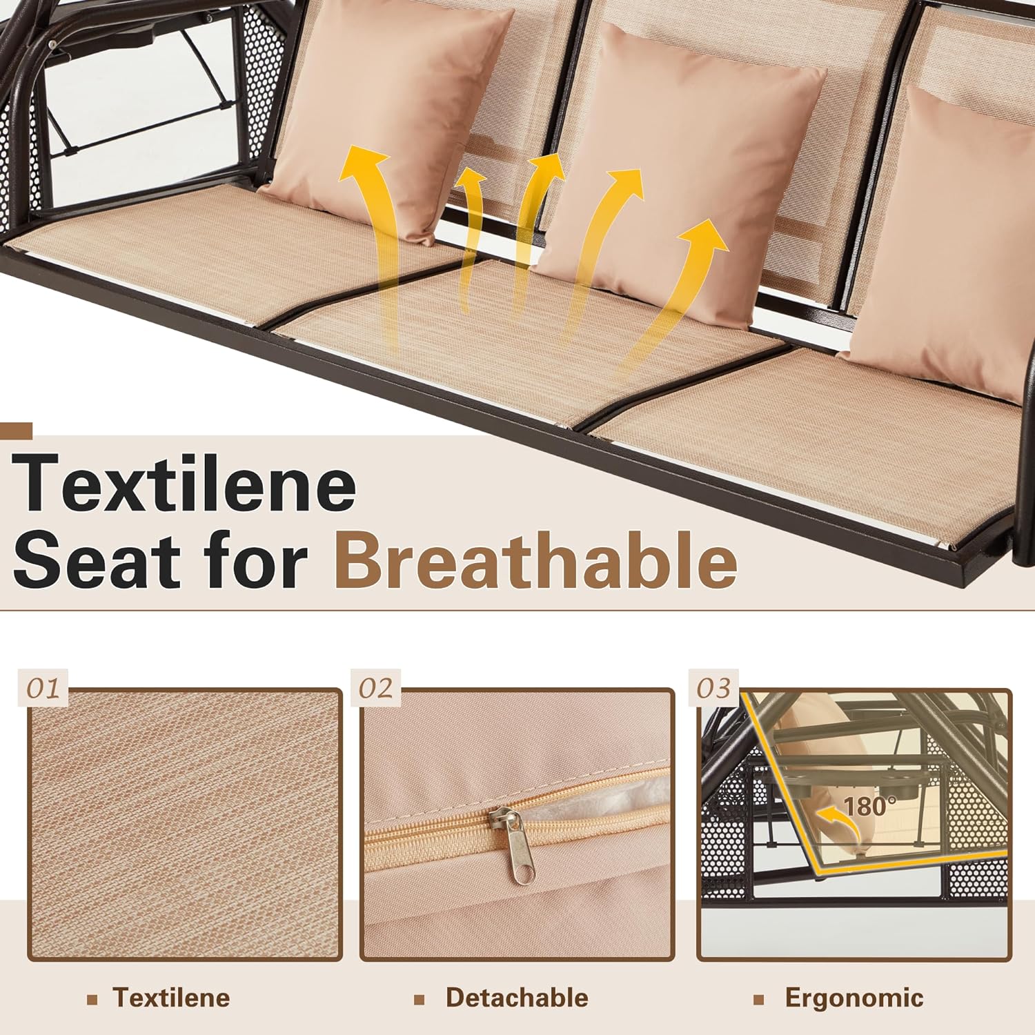 Homrest Outdoor Porch Swing with Adjustable Canopy and Backrest, Khaki
