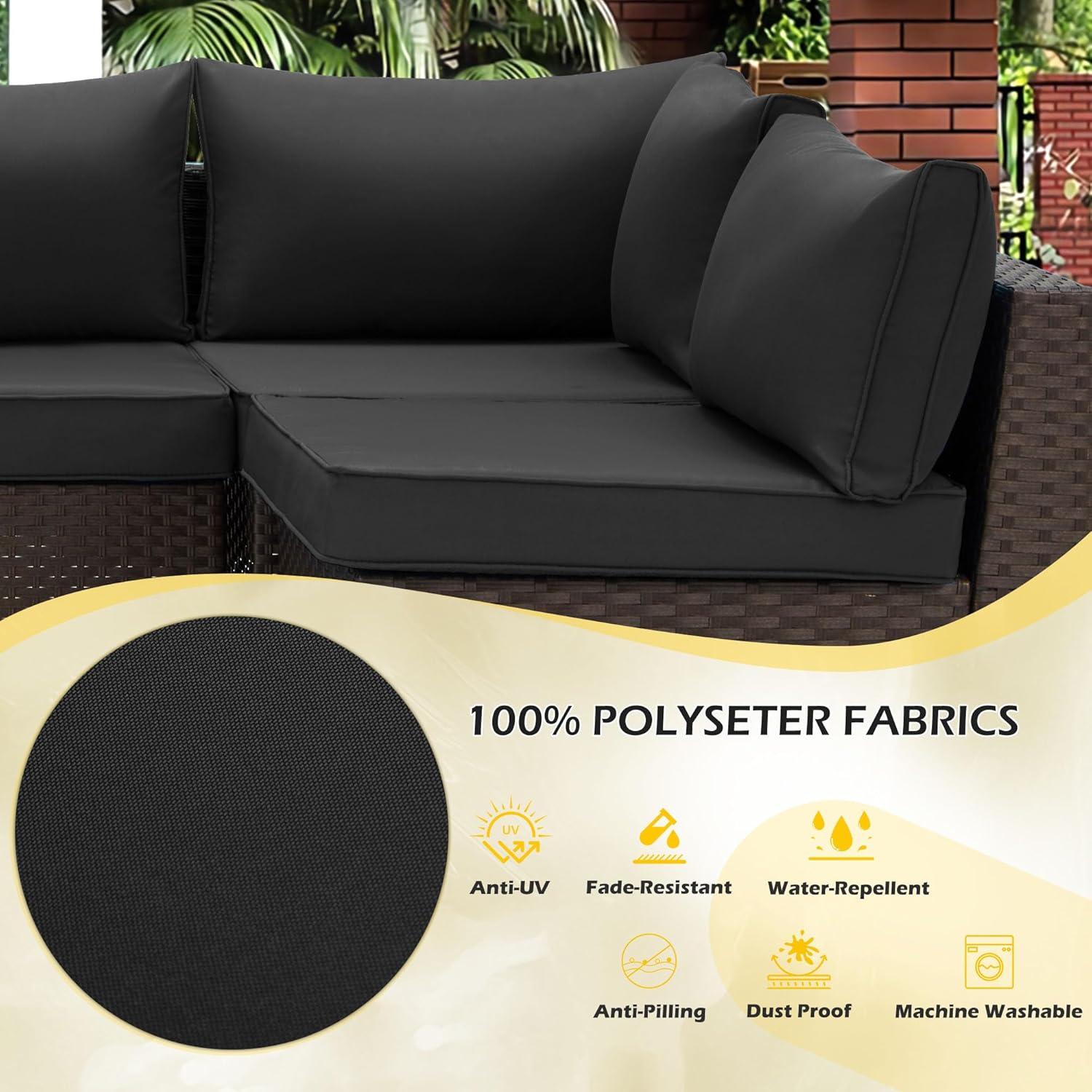 Outdoor Replacement Cushions for 6-Seat Patio Conversation Sets, Black | Homrest