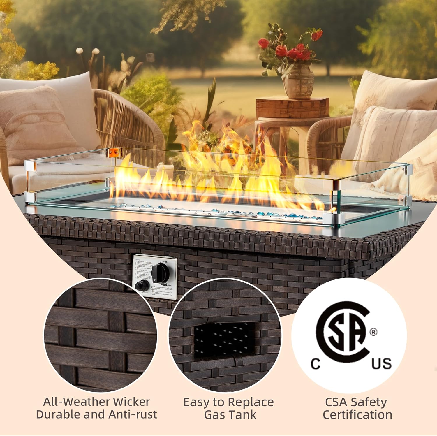 Homrest 44" Propane Gas Fire Pit Table 50000 BTU Auto-Ignition with Windguard, Brown
