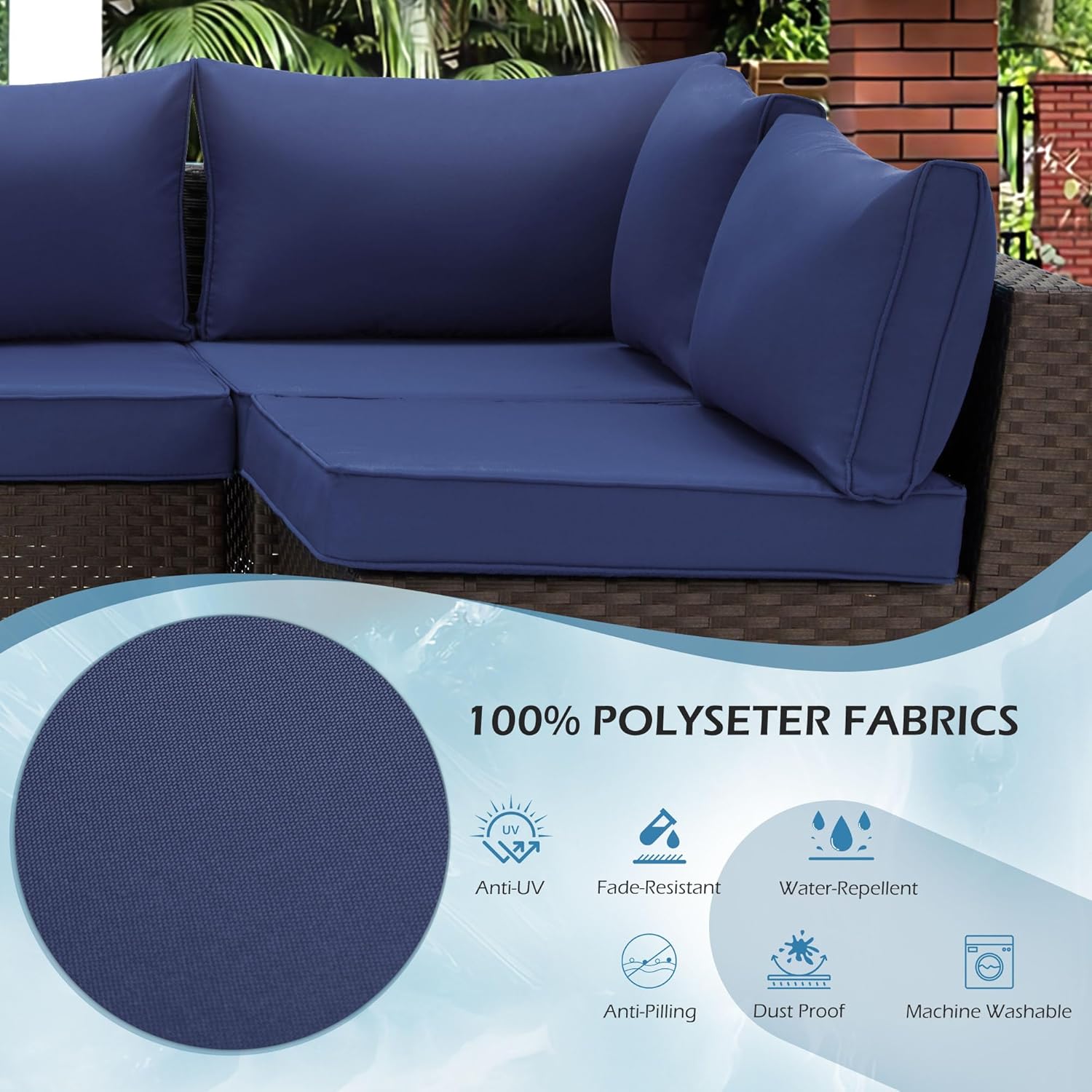 Outdoor Replacement Cushions for 6-Seat Patio Conversation Sets, Dark Blue | Homrest