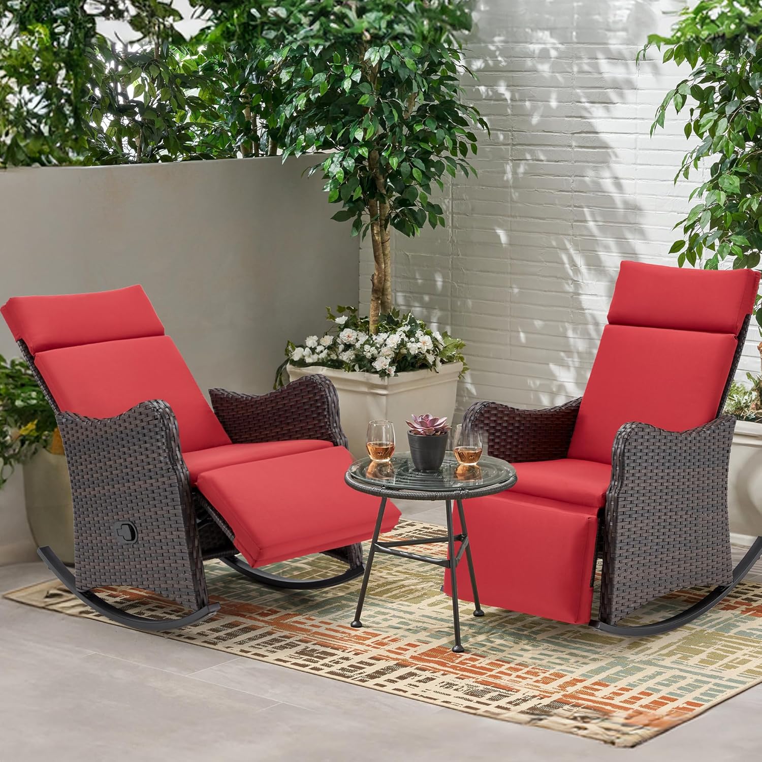 Homrest Outdoor Recliner Chair, Rattan Wicker Rocking Chair with Cushion, Red