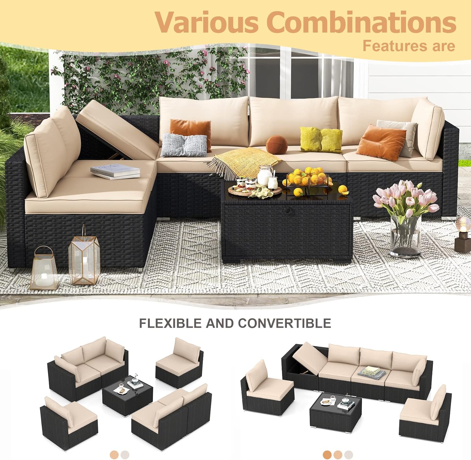 Homrest 7 Piece Outdoor Patio Furniture with Storage Table, Cushions and Pillows, Khaki