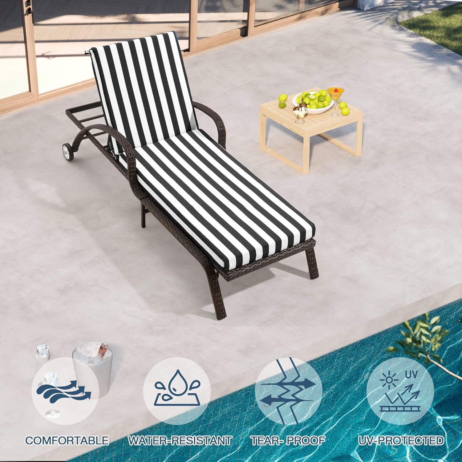 HOMREST Outdoor Lounge Chair Cushion,Waterproof Lounge Cushion Replacement, Black White Stripes