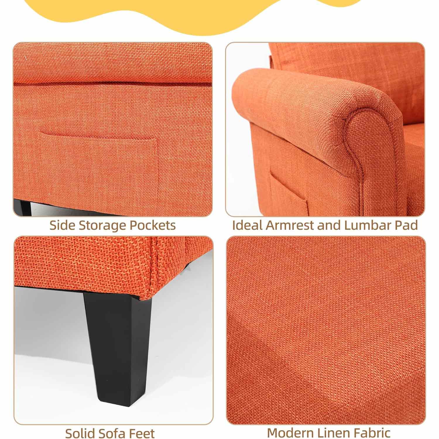 Side storage pockets, ideal armrest and lumbar pad, solid sofa feet and modern linen fabric.